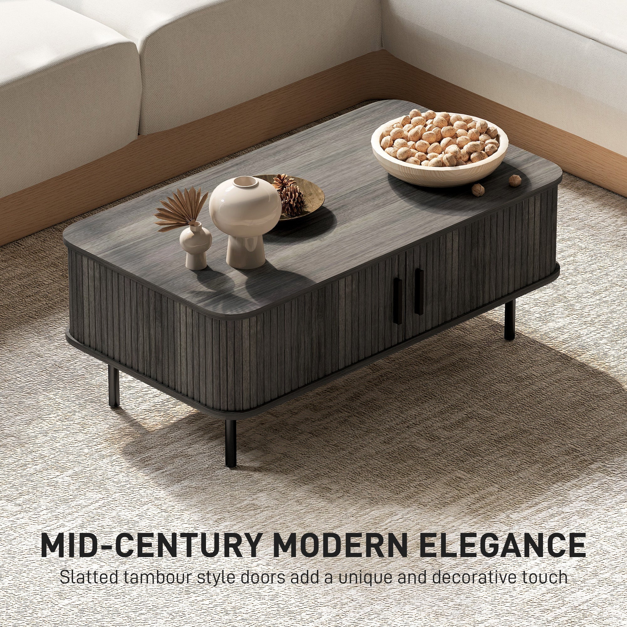 HOMCOM Coffee Table with Storage, Living Room Table with Slatted Tambour Sliding Doors and Foot Pads, Rectangular Coffee Table with Elevated Base for Living Room, Grey Wood-Effect