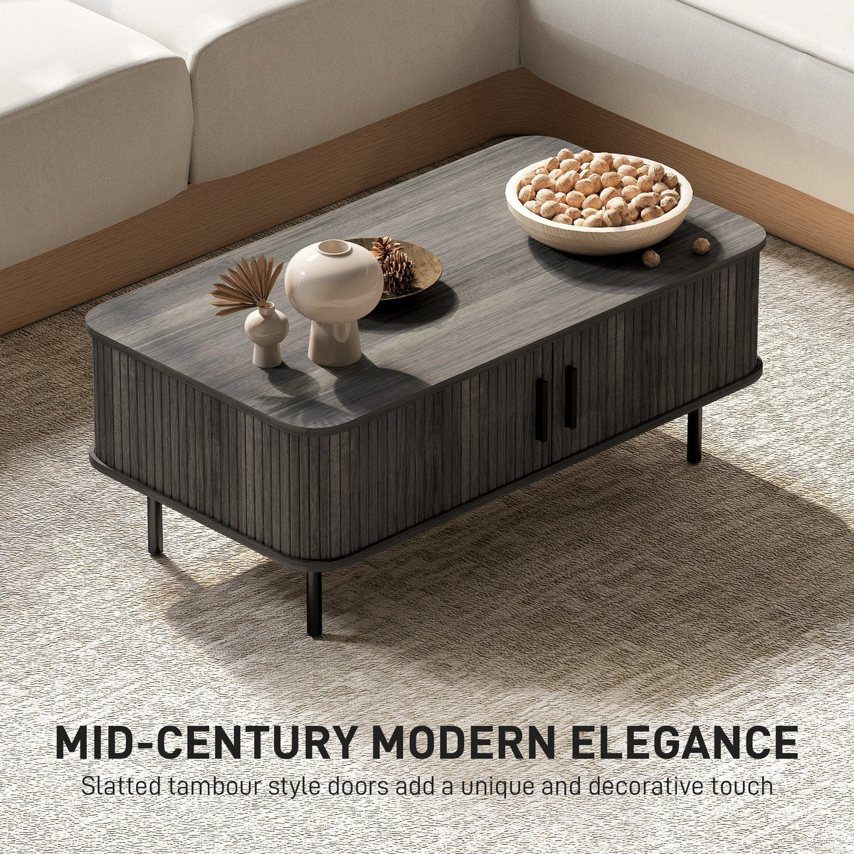 HOMCOM Coffee Table with Storage, Living Room Table with Slatted Tambour Sliding Doors and Foot Pads, Rectangular Coffee Table with Elevated Base for Living Room, Grey Wood-Effect