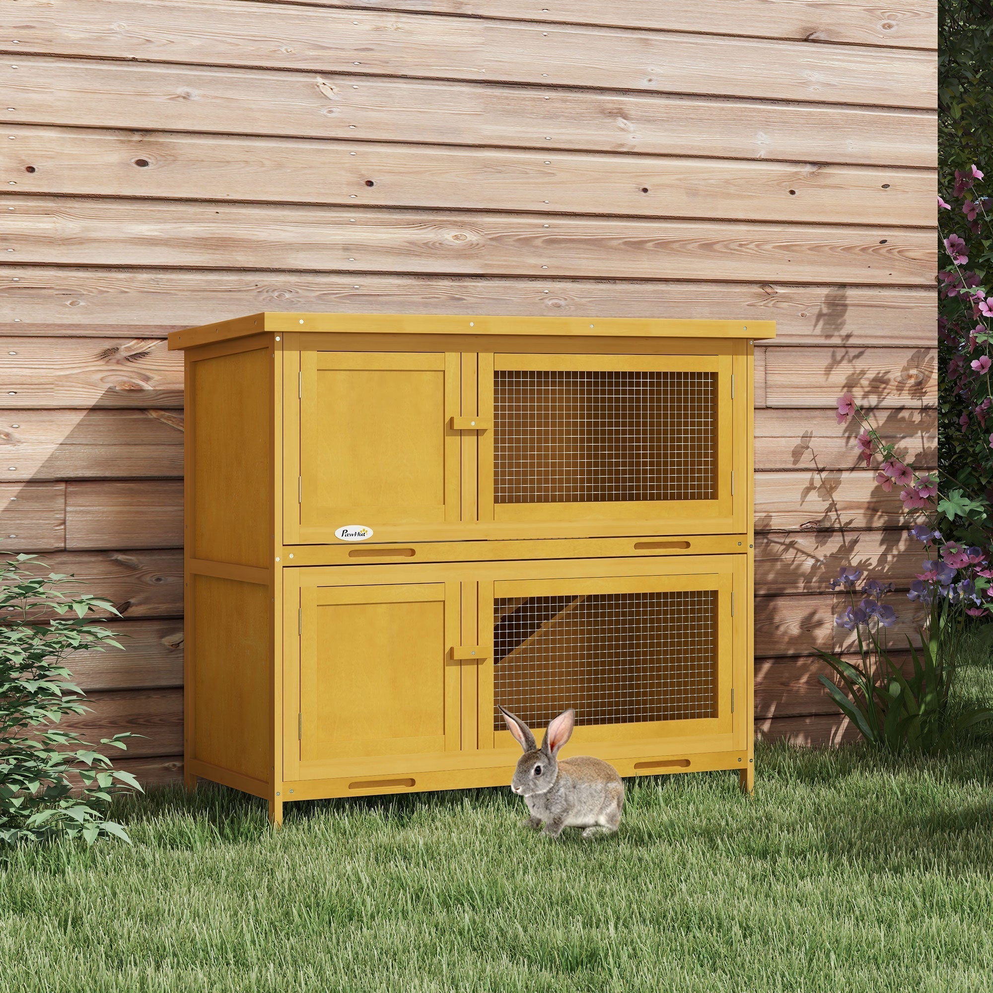 PawHut Double Decker Rabbit Hutch 2 Tier Guinea Pig House Pet Cage Outdoor with Sliding-out Tray, 97 x 44 x 91cm, Yellow