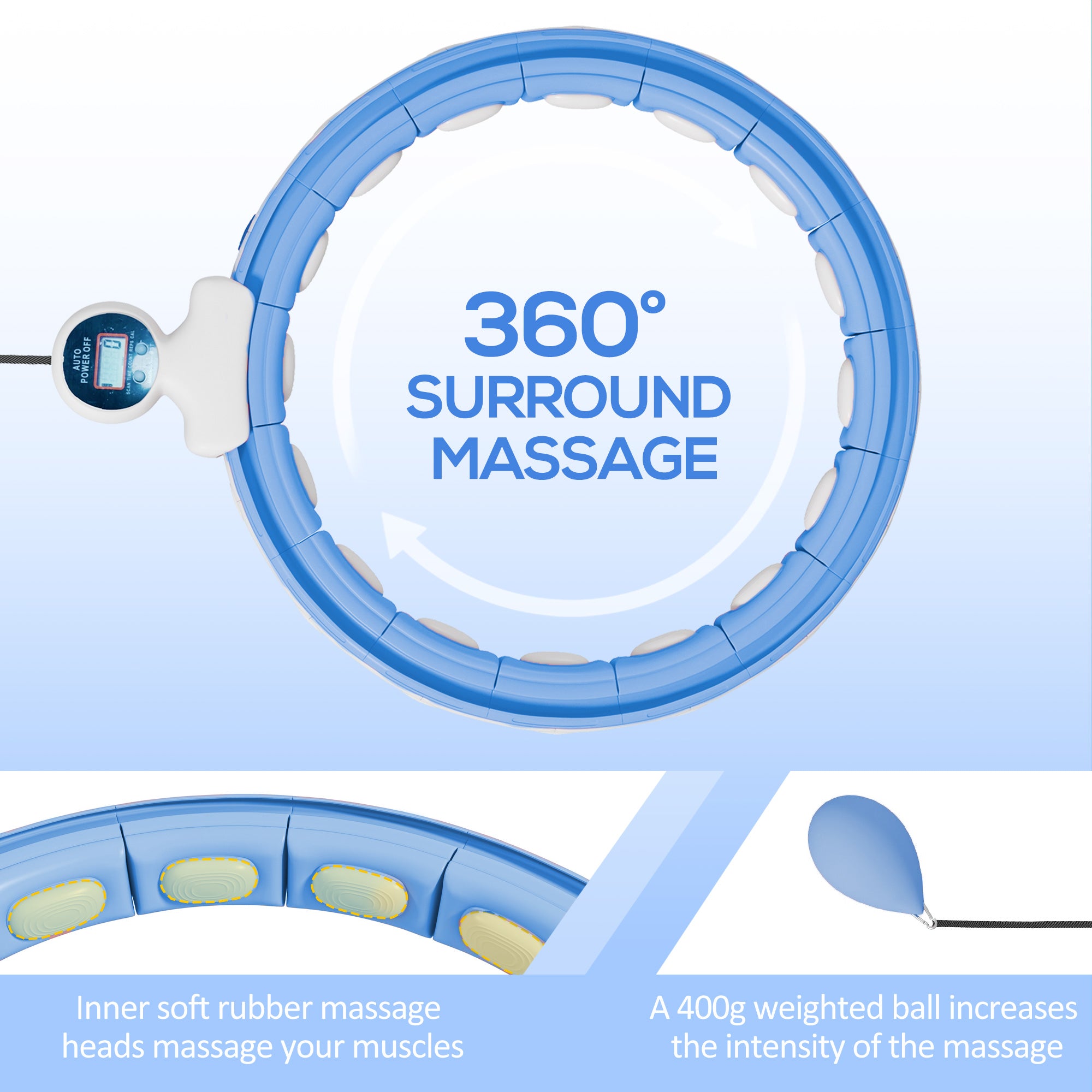 SPORTNOW Smart Weighted Hula Hoop, Massage Hula Ring w/ 16 Detachable Knots, 360√Ç¬∞ Auto-Rotating Ball, Digital Counter Light Blue