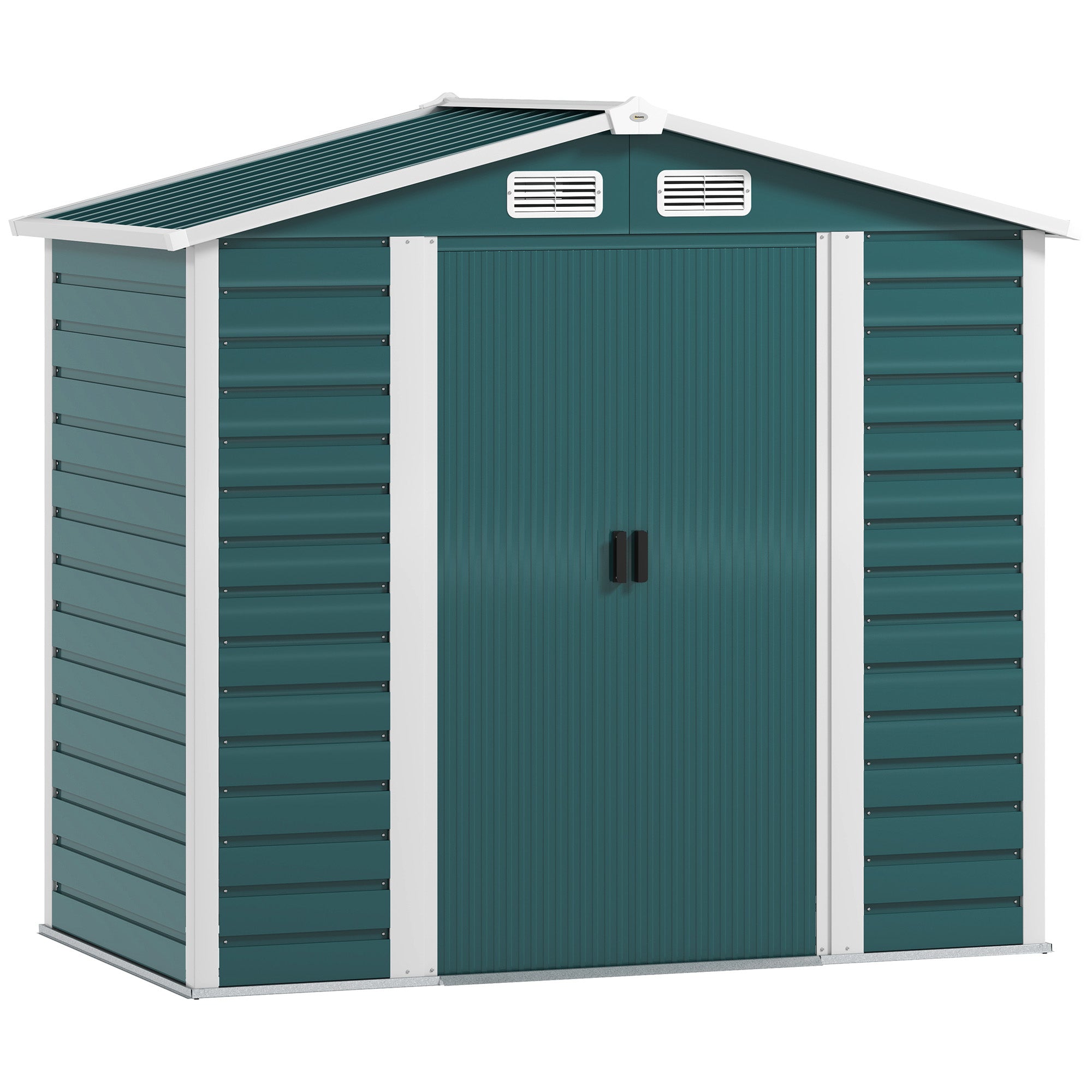 Outsunny 7 x 4ft Garden Shed, Easy to Assemble, Upgraded Galvanised Steel Frame with Foundation Kit, Double Doors with Lock, Outdoor Metal Shed with Vents and Gloves, Garden Storage Shed, Green