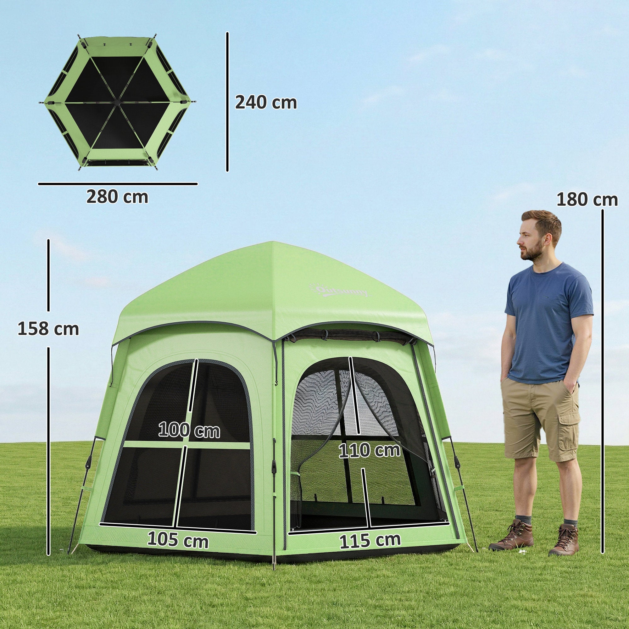 Outsunny Pop Up Tent 3000mm Waterproof Instant Camping Tent 3-4 Person with 2 Doors 4 Windows Green