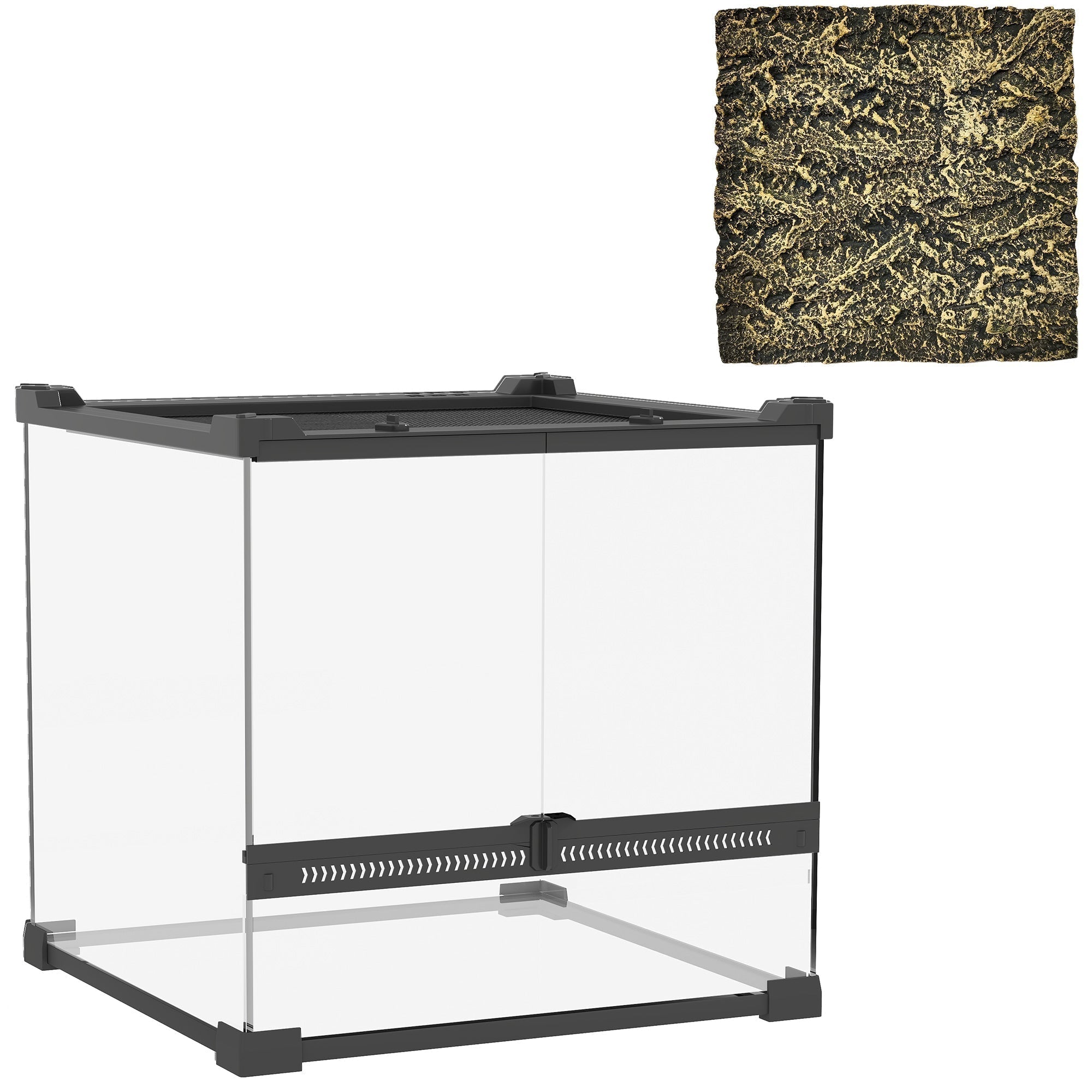 PawHut Reptile Glass Terrarium with Stone Background, Front Ventilation, Escape-Proof Knob Lock, 30 x 30 x 30 cm, Black