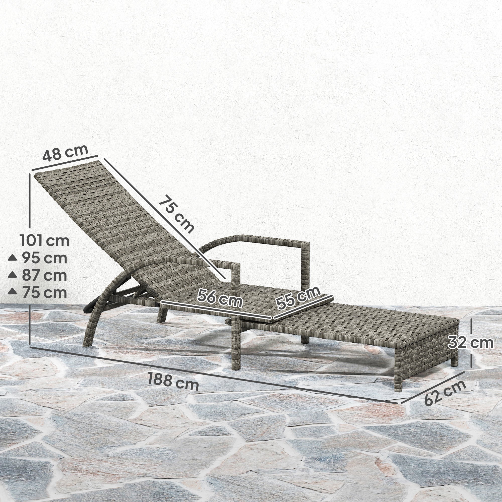 Outsunny Reclining Rattan Lounger, with Extending Footrest - Grey