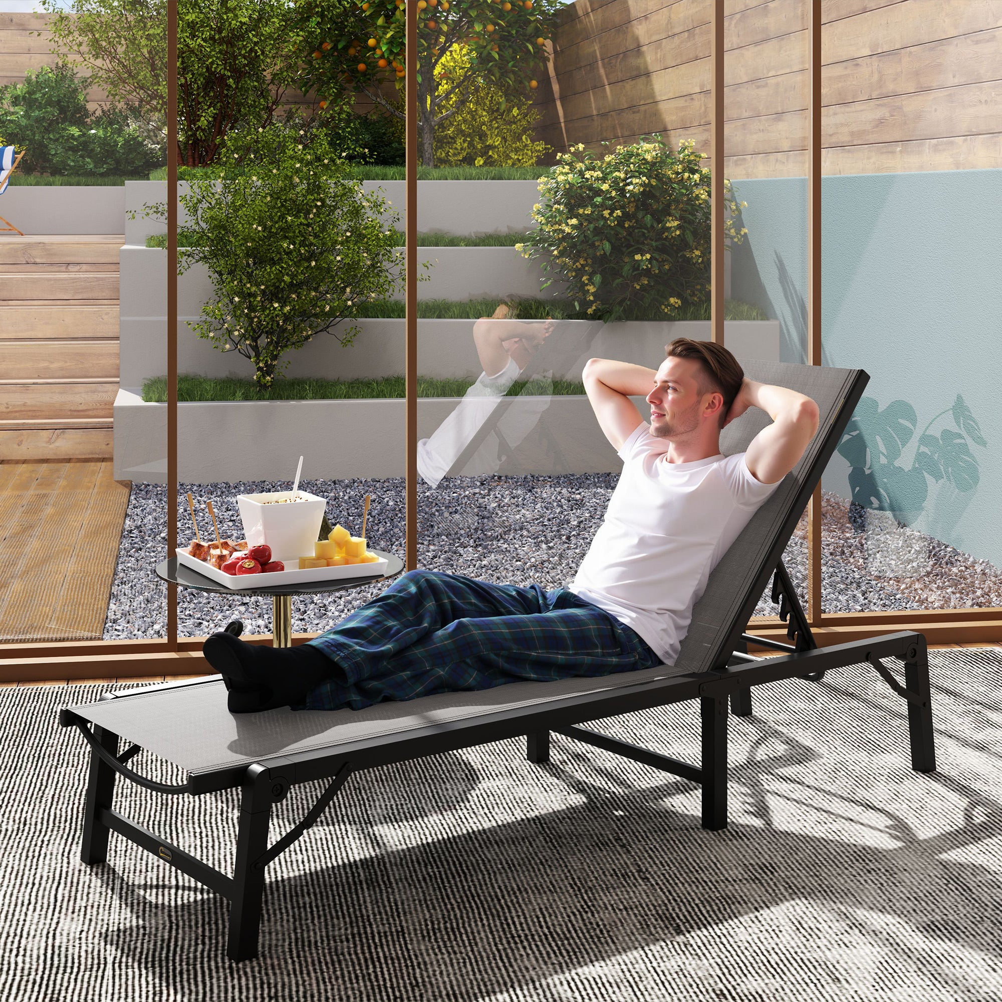 Outsunny Folding Sun Lounger, 5-Position Adjustable Reclining Garden Lounger, Garden Chaise Lounge Sunbed Recliner Chair with Steel Frame for Beach, Porch, Patio, Camping, Light Grey