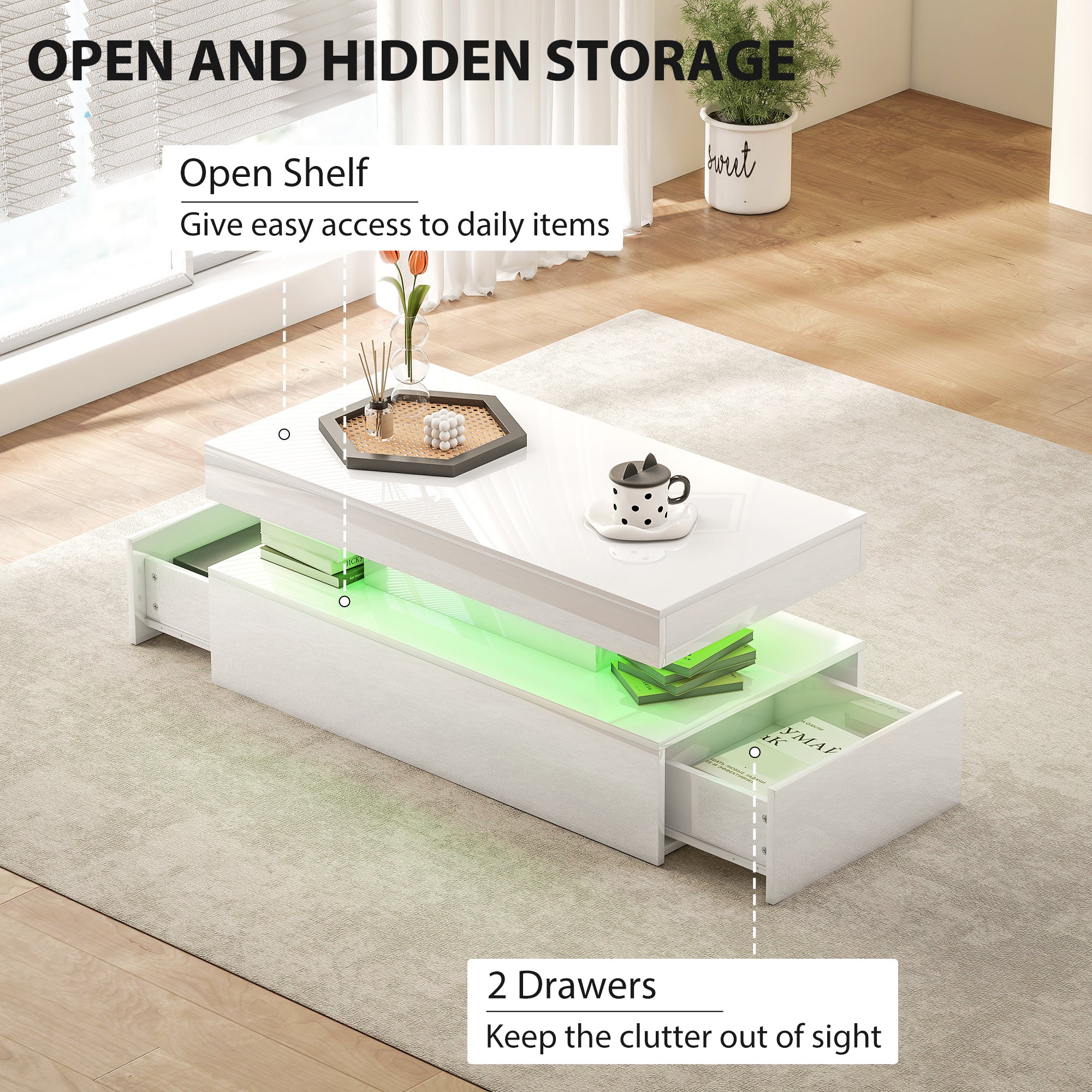 HOMCOM LED Coffee Table with Storage - High Gloss White