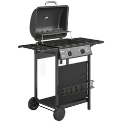 Outsunny Gas Burner Barbecue Grill, 2 Burner Gas Grill with Side Tables, Warming Rack, Shelf, Thermometer, Grease Tray, Black