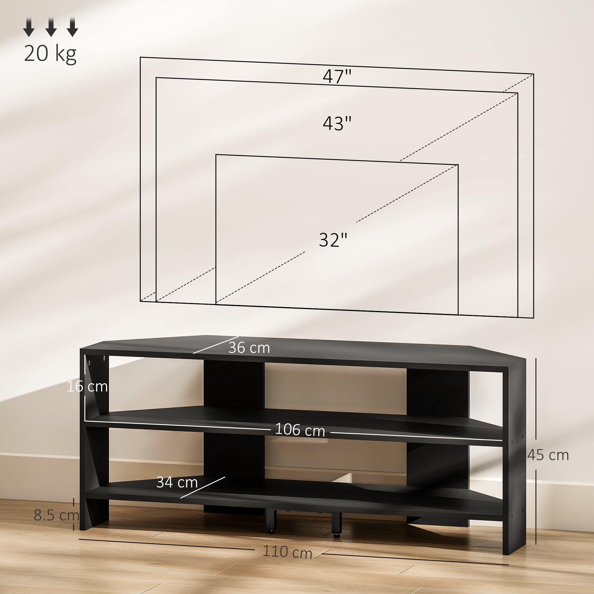 HOMCOM Corner TV Stand with 2 Open Shelves for 47 Inch TV - Black
