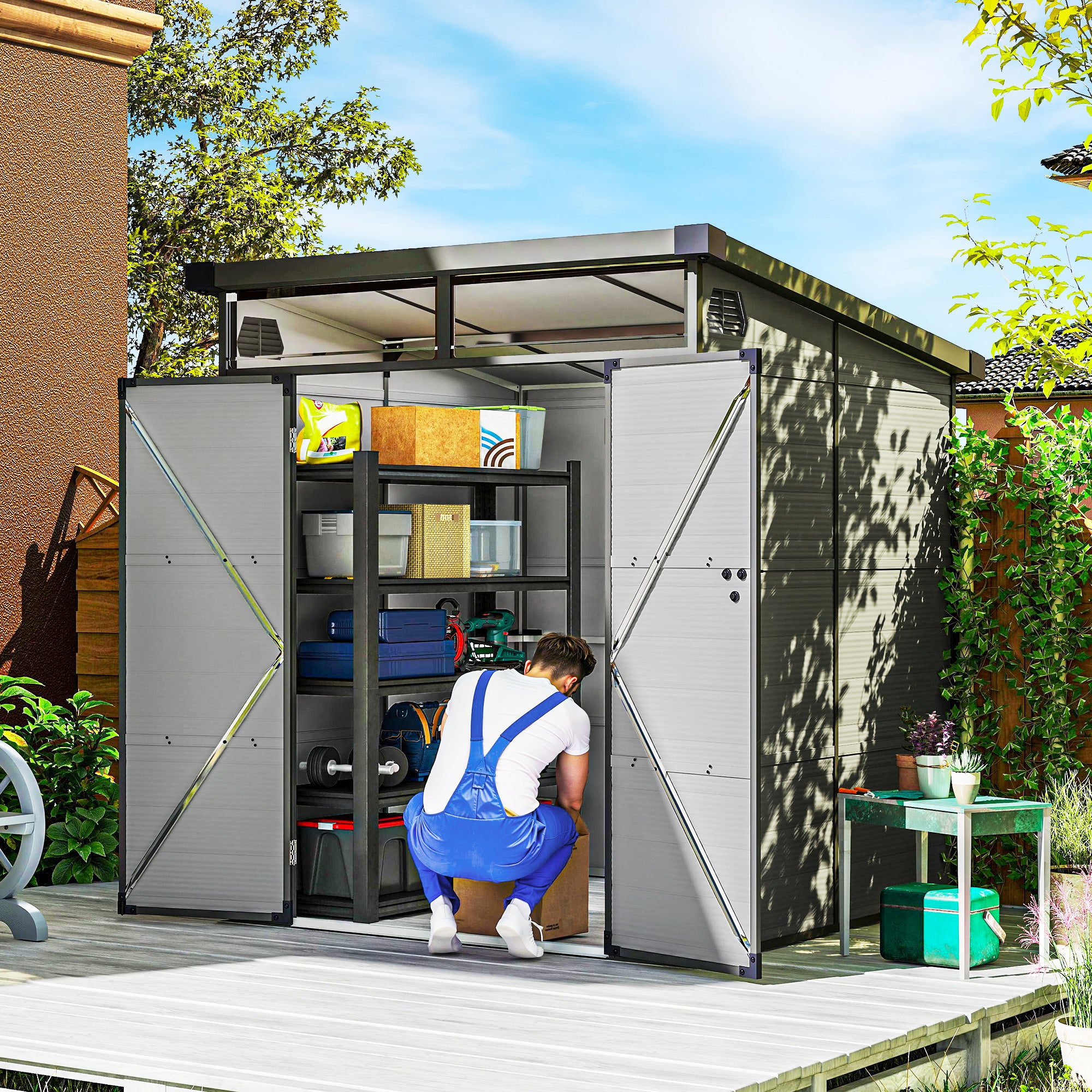 Outsunny 6 x 6ft Outdoor Storage Shed, Plastic Garden Shed with Windows and Air Vents, Outdoor Resin Tool Shed with Latch Doors for Garden, Deck, Light Grey