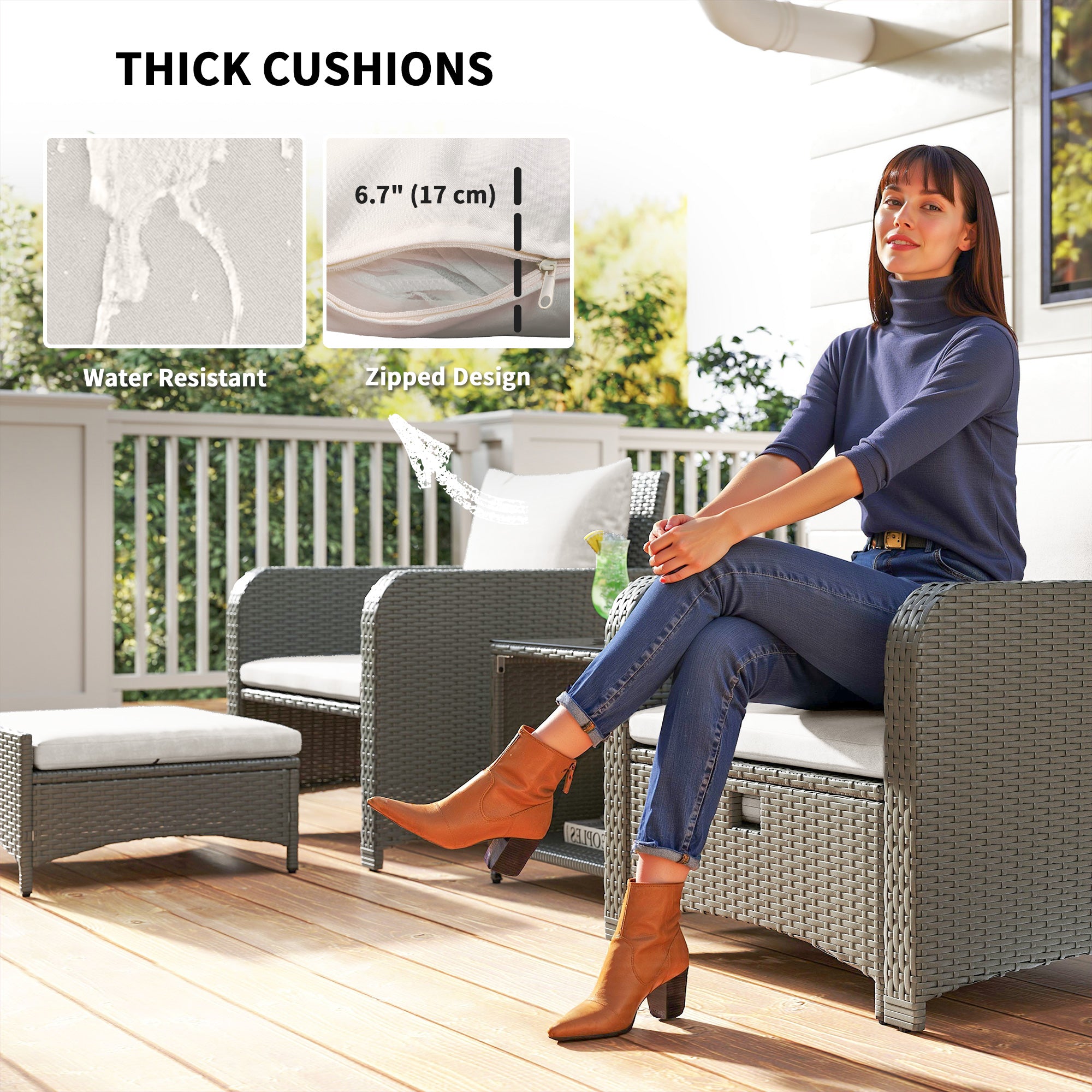 Outsunny Five Piece Rattan Garden Furniture Set with 2-Tier Coffee Table and Ottomans - Cream White