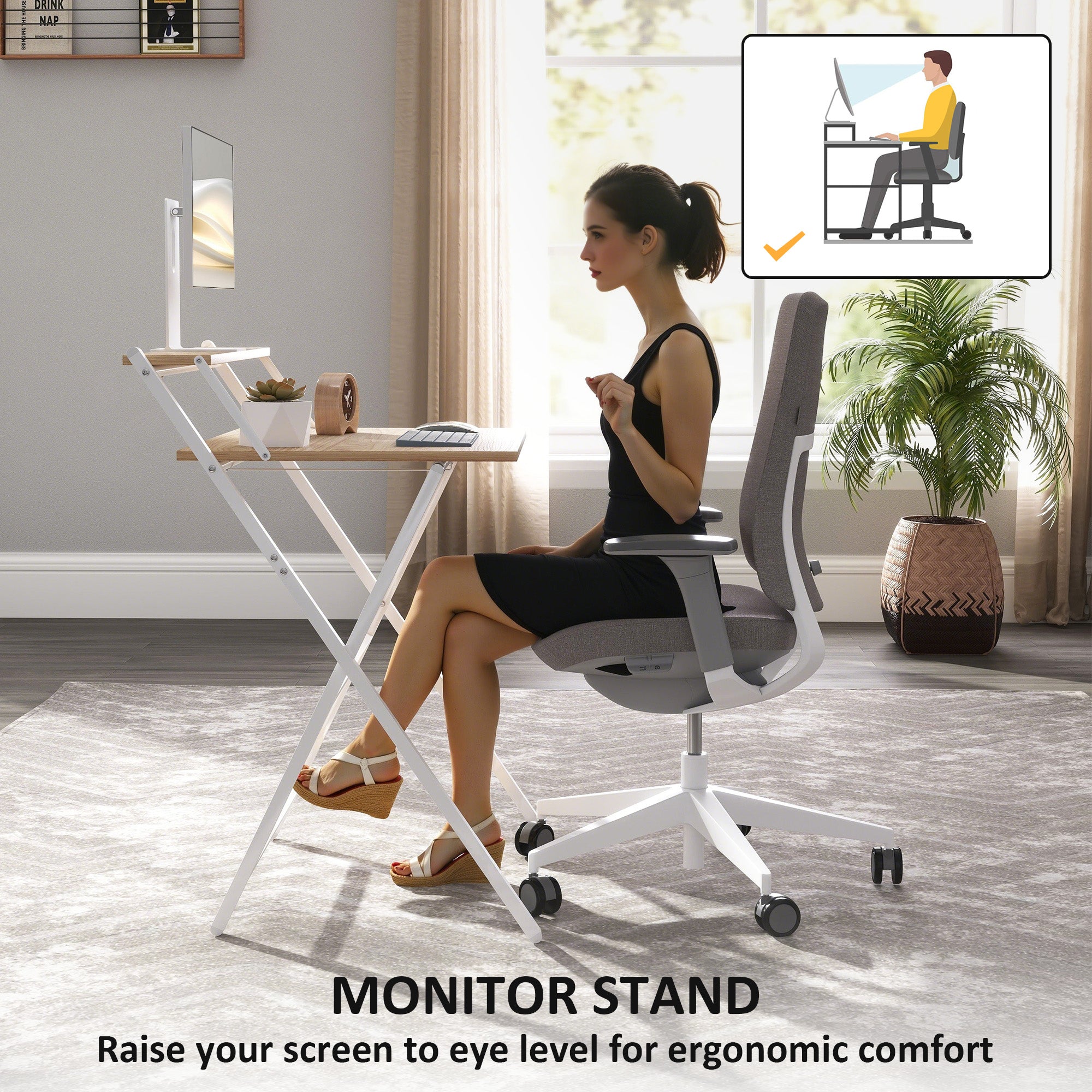 HOMCOM 70 cm Folding Computer Desk with Monitor Shelf - Natural Wood Finish