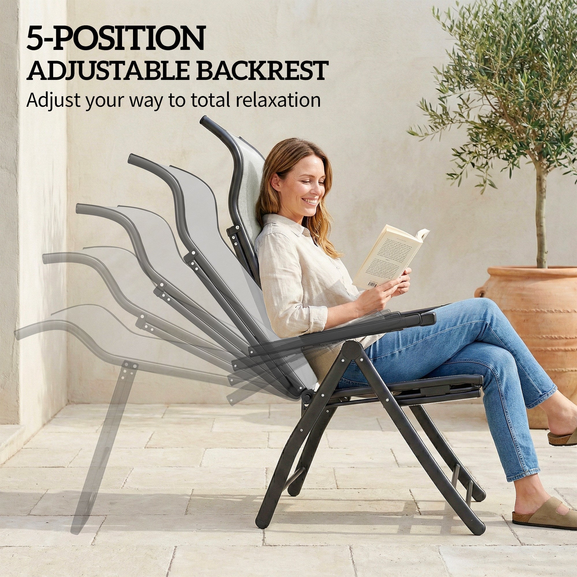 Outsunny Reclining Garden Chairs Set of 2, 5-Position Folding Sun Loungers with High Back, Retractable Footrest, Light Grey