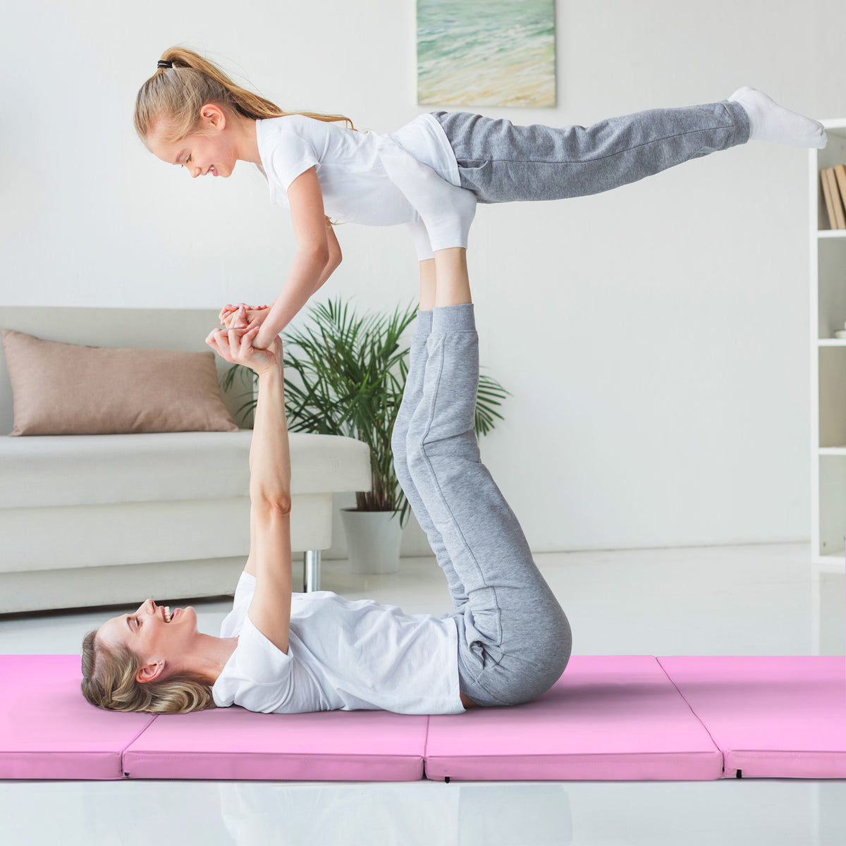 Folding Gymnastics Mat with Carry Handles, Hook and Loop Fasteners-Pink