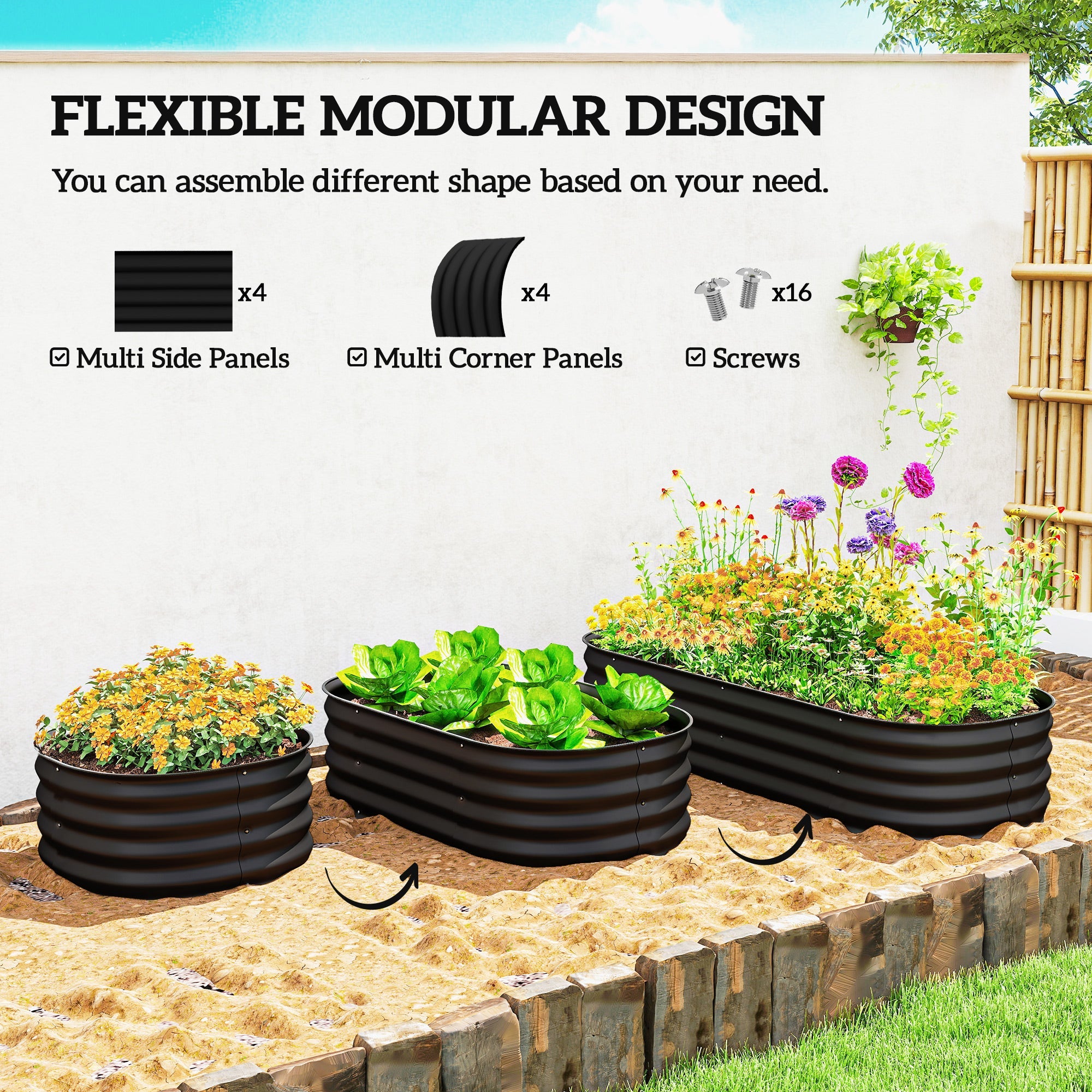 Outsunny Galvanised Raised Garden Bed, Metal Planter Box with Safety Edging, for Flowers, Herbs, Succulents, Black