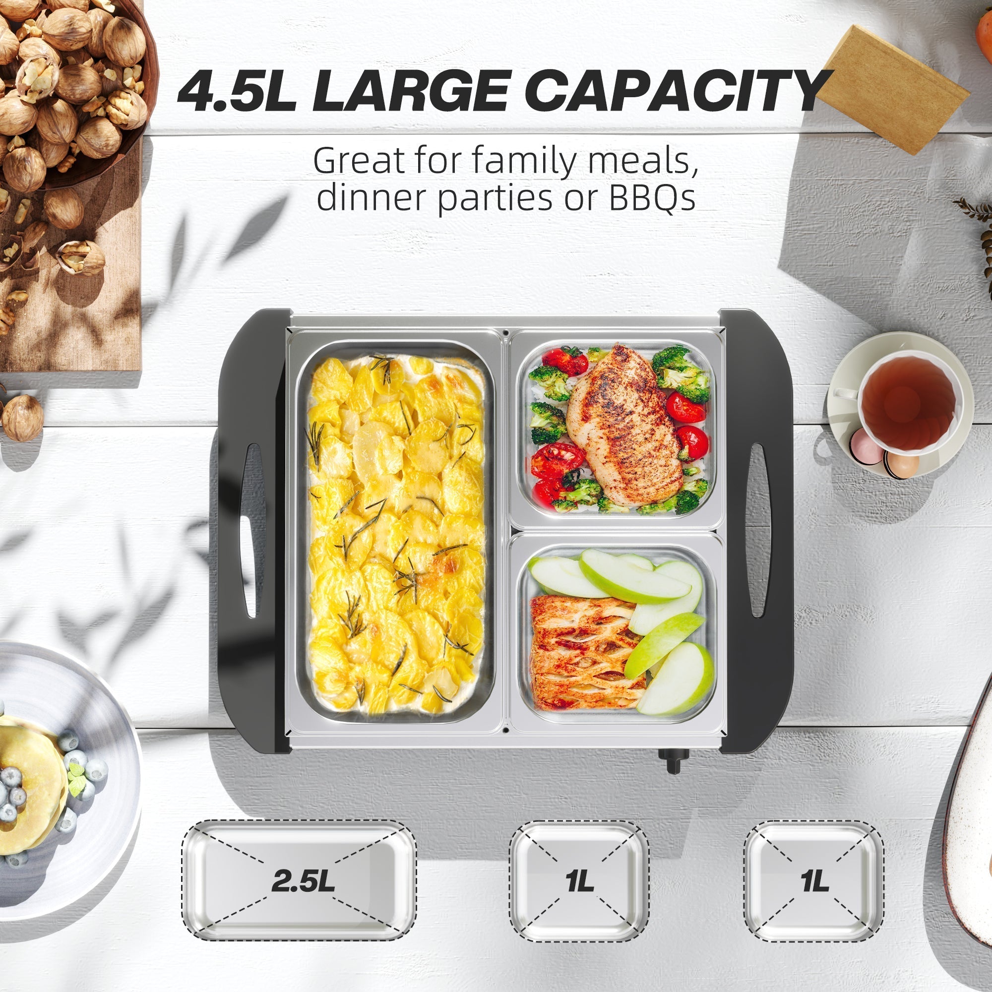 HOMCOM 4.5L Stainless Steel Electric Buffet Server, with 3x Trays and Lids