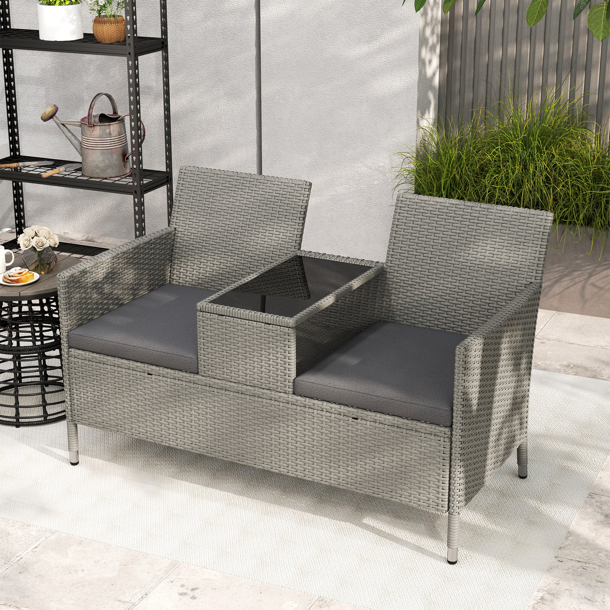 Outsunny 2-Seater PE Rattan Outdoor Garden Bench w/ Centre Table Grey