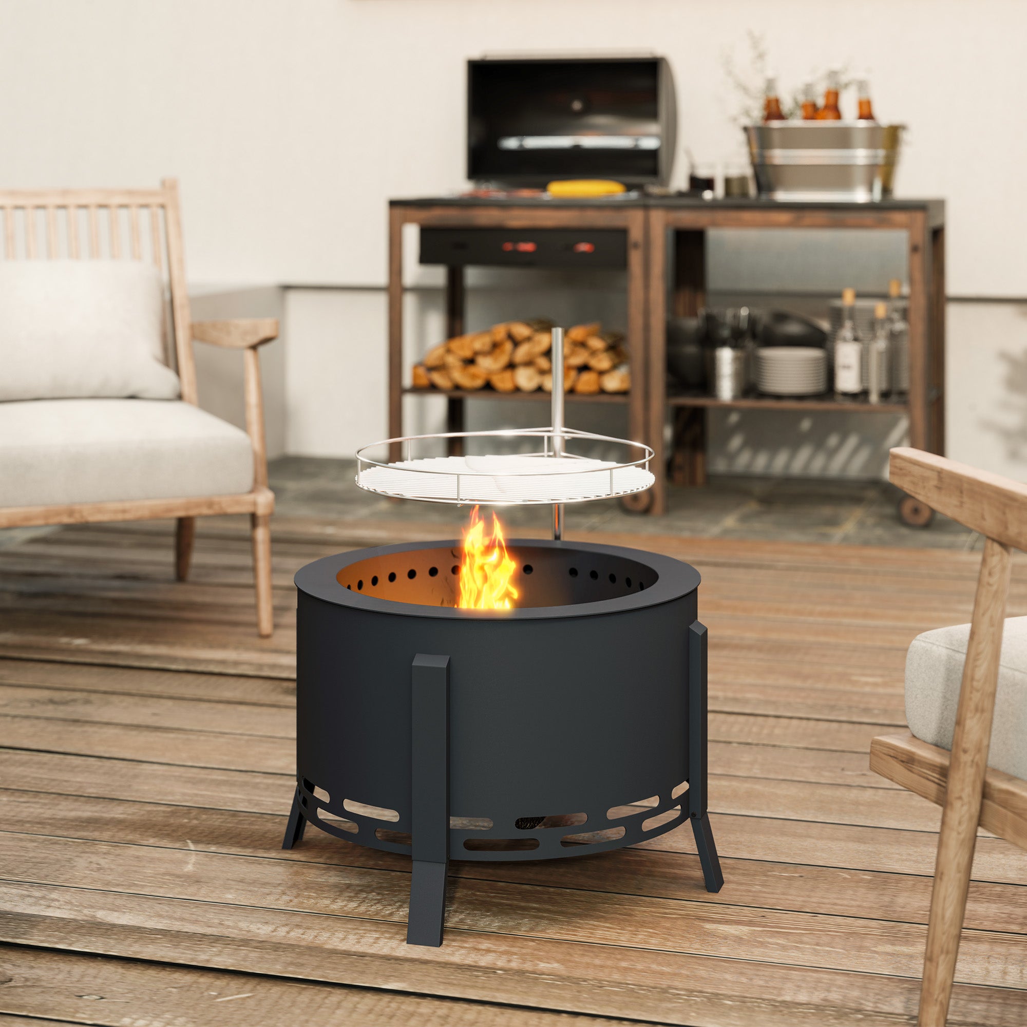 Outsunny Portable Fire Pit, 58 cm Round Firepit with Grill Grate, Fire Bowl with Ash Catcher and Poker, Fire Pit BBQ for Garden Camping Bonfire Picnic, Black