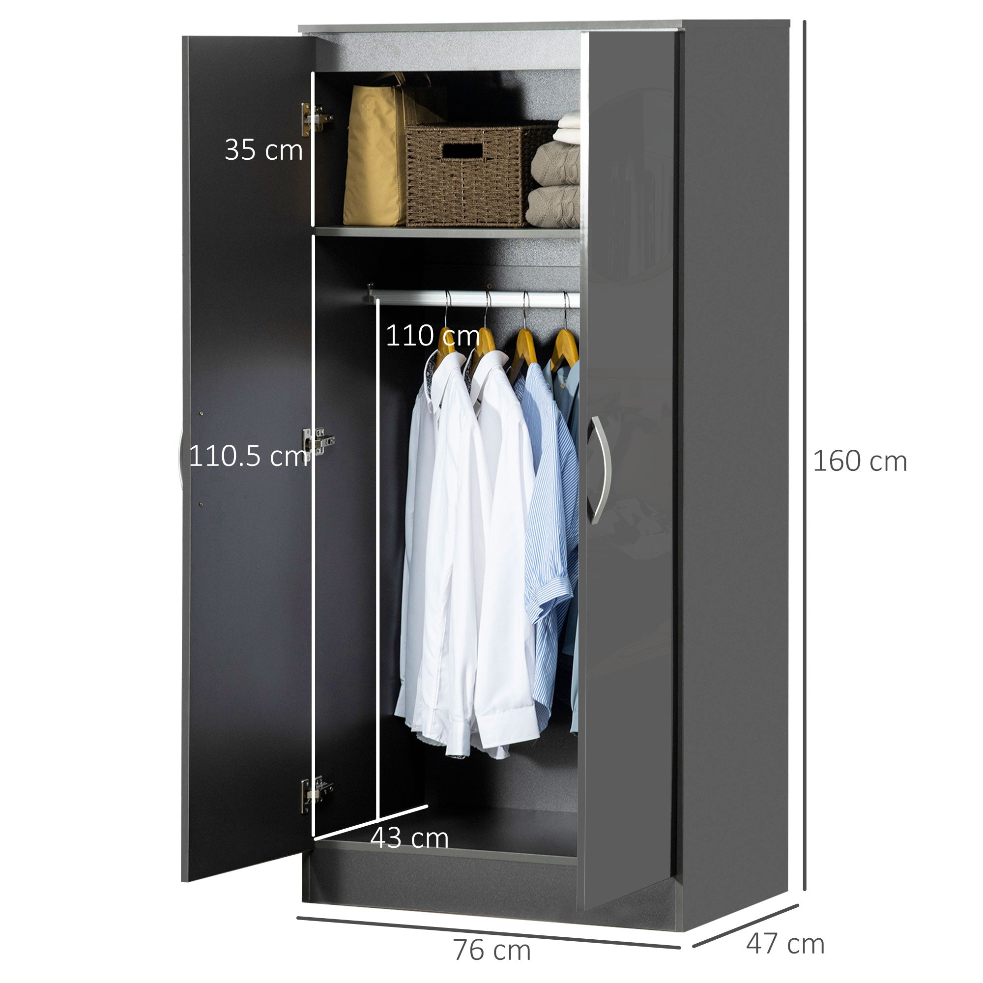 HOMCOM High Gloss Wardrobe, 2 Door Wardrobe with Hanging Rod and Storage Shelf, Clothes Storage Organizer with Anti-tipping Design for Bedroom, Grey
