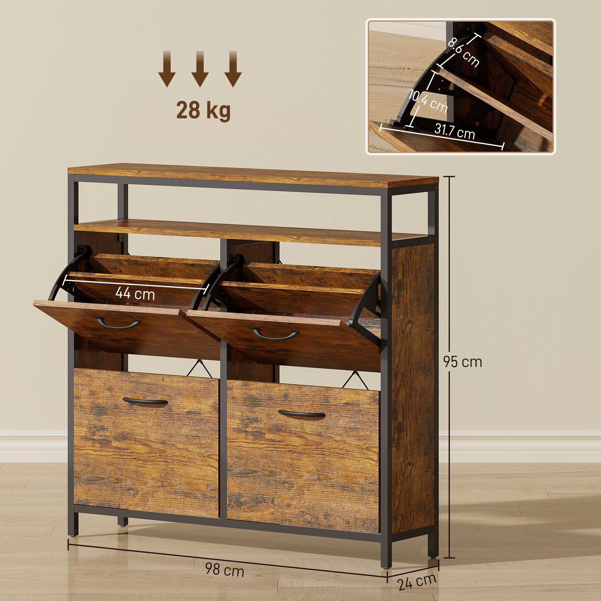 HOMCOM Shoe Storage Cabinet with 4 Flip Drawers and Open Shelf - Rustic Brown