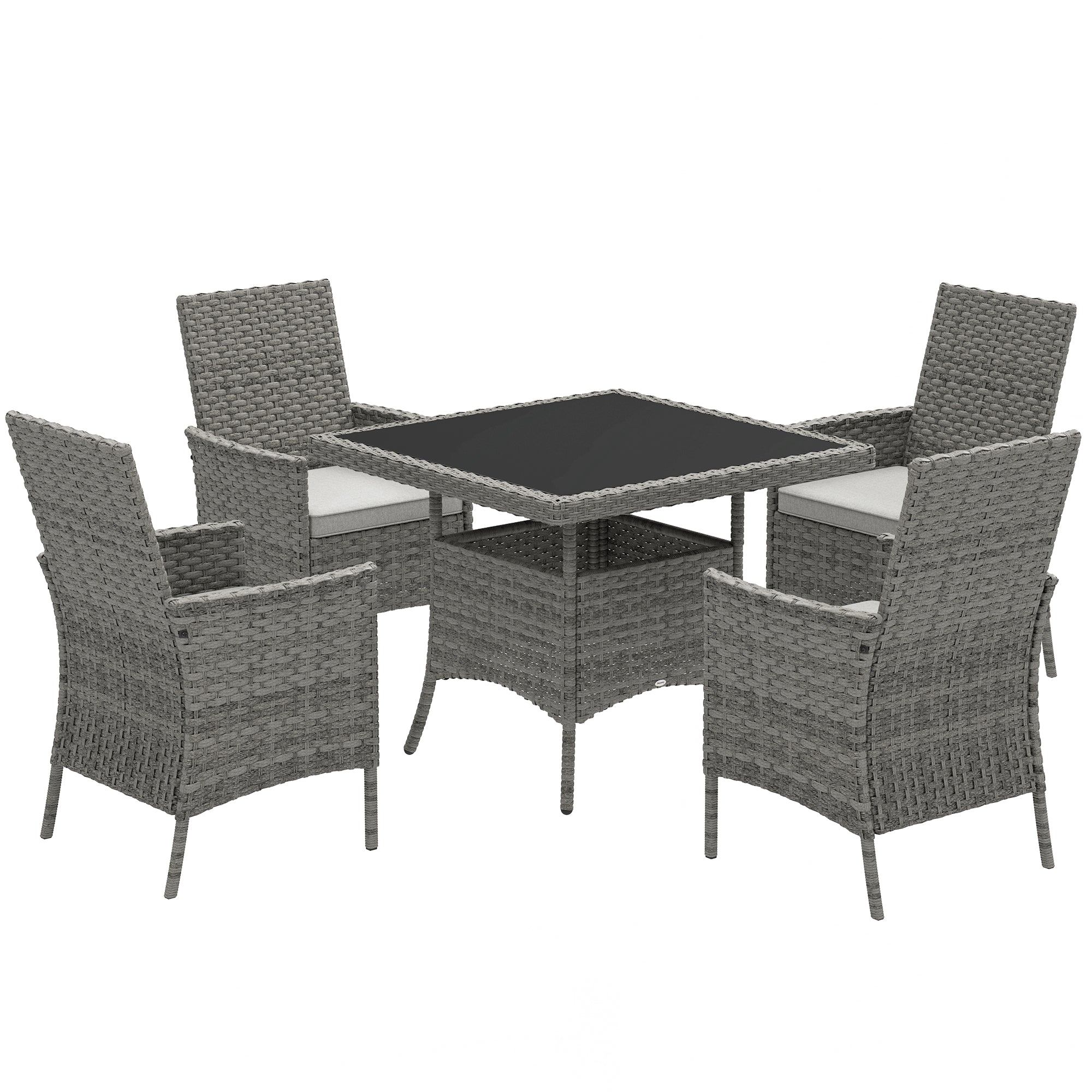 Outsunny Rattan Garden Furniture Set, Outdoor Dining Table and Chairs 4 Seater with Cushions, Square Tempered Glass Top, 4 Armchairs, for Balcony, Terrace, Conservatory, Grey