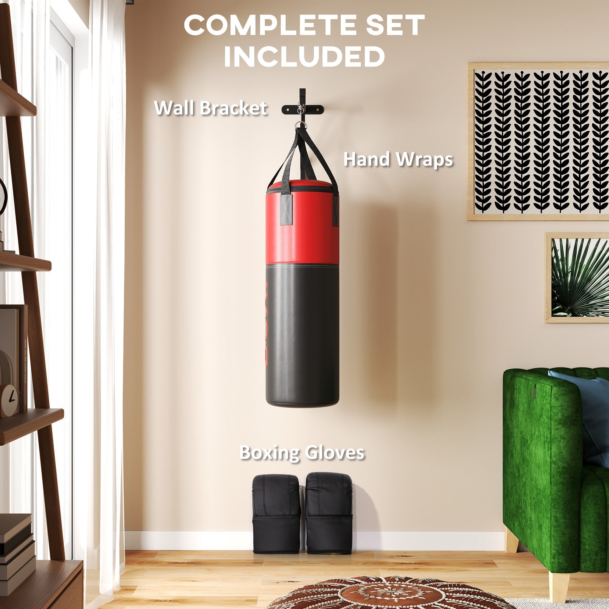 SPORTNOW Unfilled Punching Bag Set with Boxing Bag Bracket, Boxing Gloves, Hand Wraps and 360 Swivel Hook
