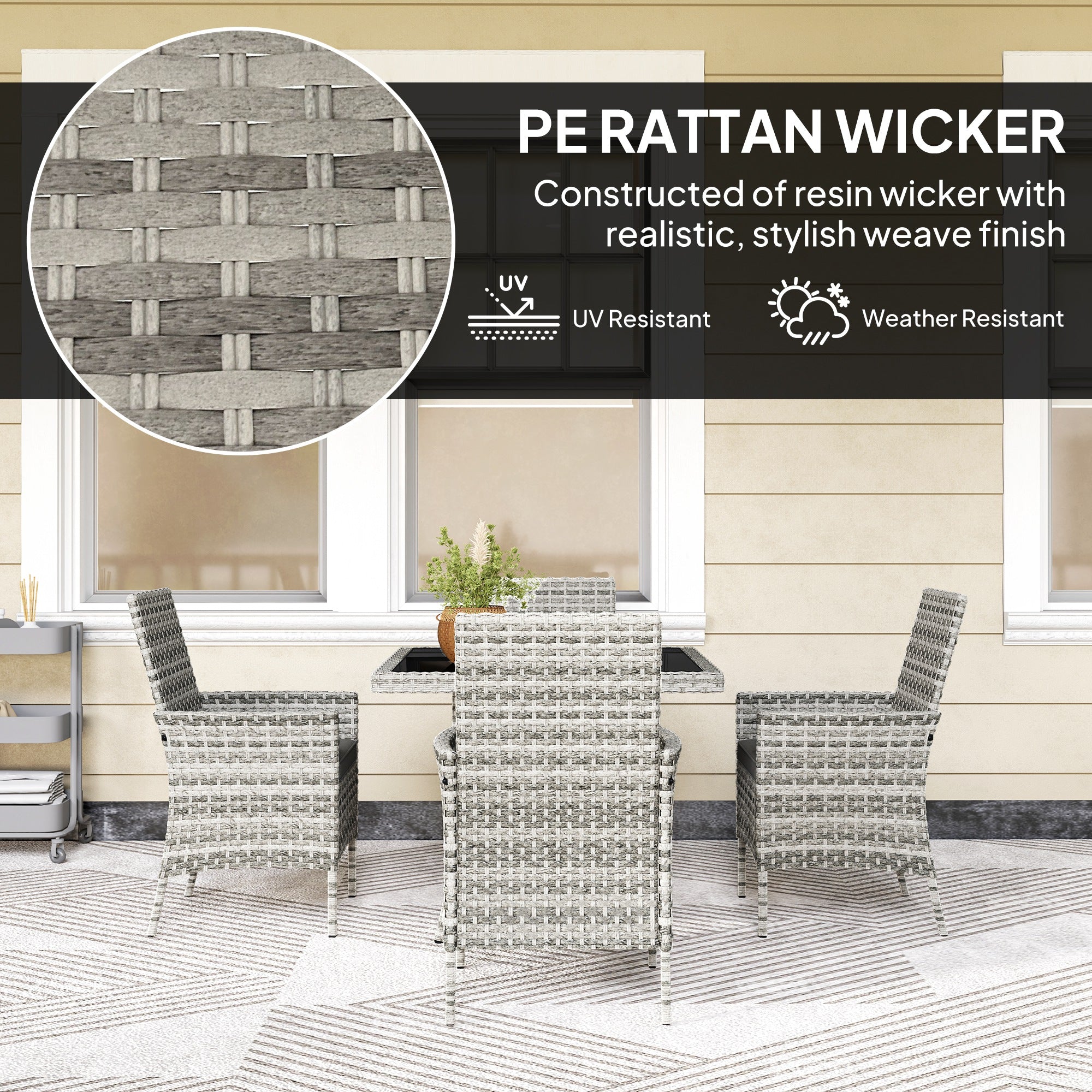 Outsunny Rattan Garden Furniture Set, Outdoor Dining Table and Chairs 4 Seater with Cushions, Square Tempered Glass Top, 4 Armchairs, for Balcony, Terrace, Conservatory, Mixed-Grey