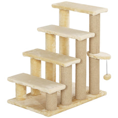 PawHut 4-step Pet Stairs with Scratching Posts, Platforms, Toy Ball, Beige
