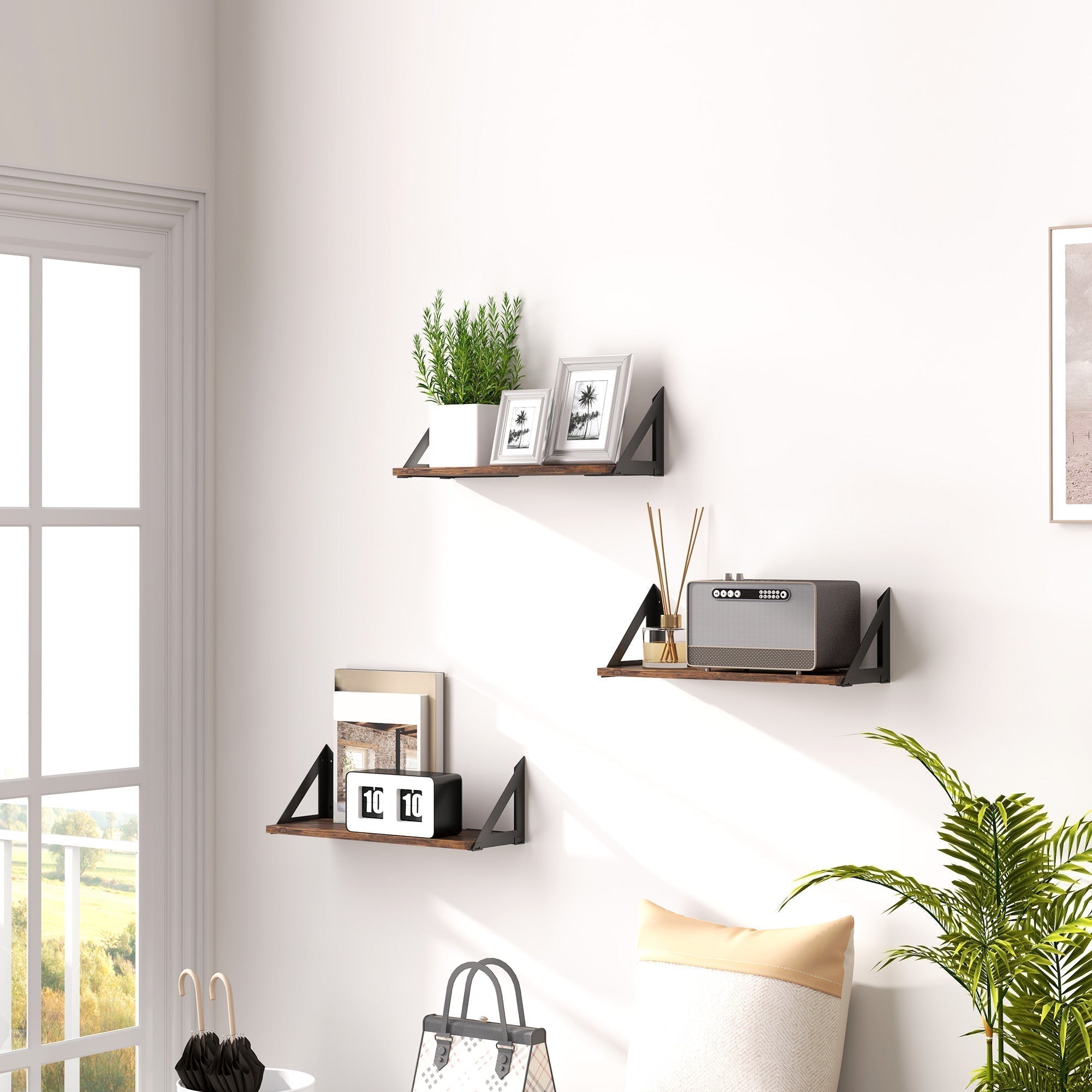 HOMCOM Set of 3 Wall Shelves, 43cm Vintage Wall Mounted Floating Shelves for Living Room, Entryway, Bedroom, Rustic Brown