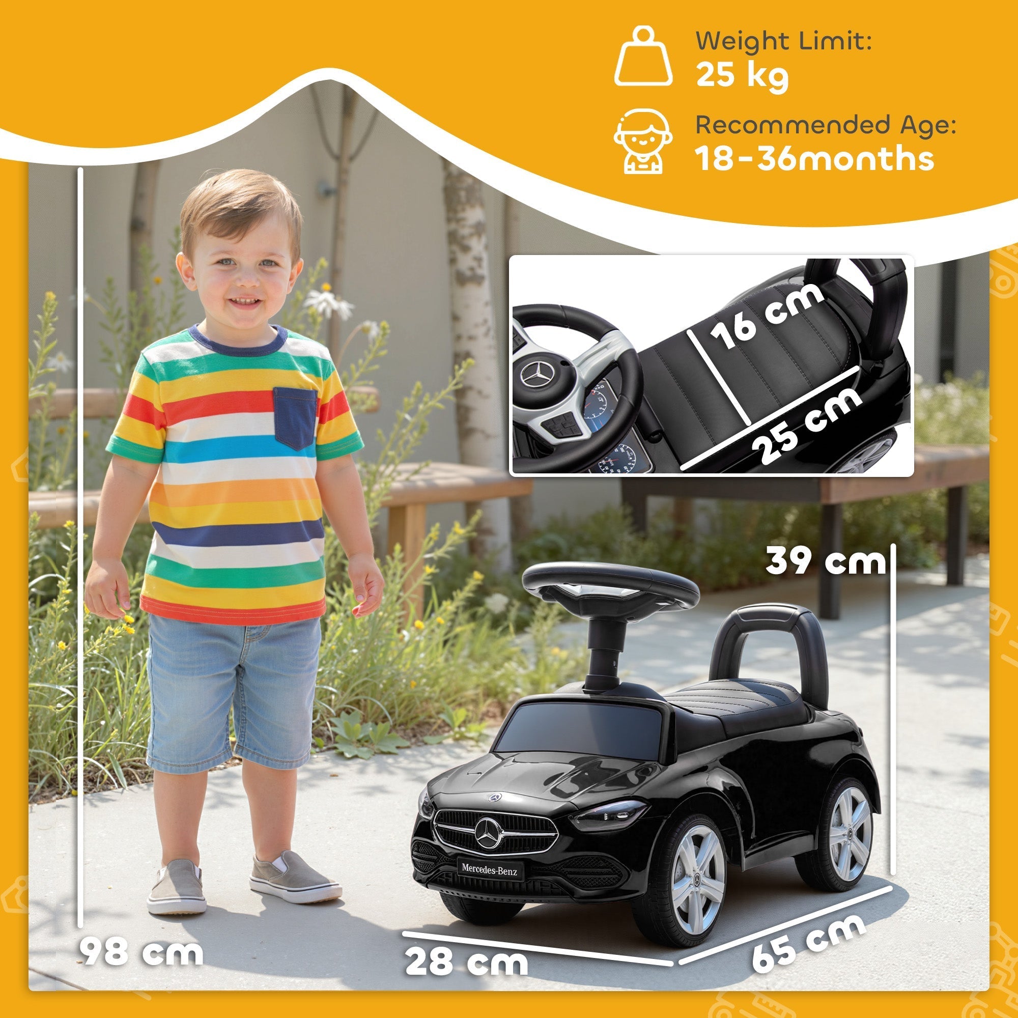 AIYAPLAY Official Mercedes-Benz Ride On Car, Foot to Floor Sliding Walker with Horn, Engine Sounds and Under-Seat Storage, Black