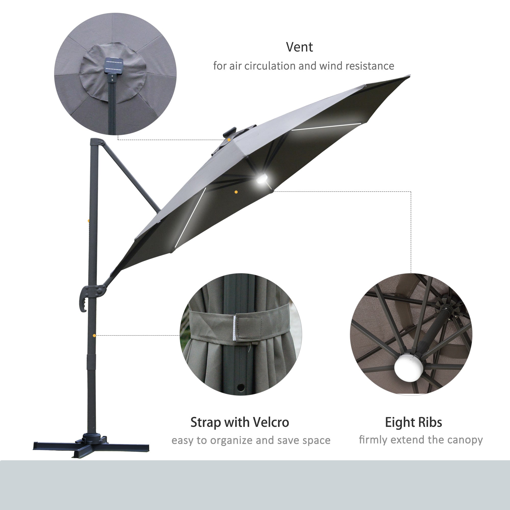 Outsunny 3(m) LED Cantilever Parasol Outdoor Sun Umbrella w/ Base Solar Lights Grey