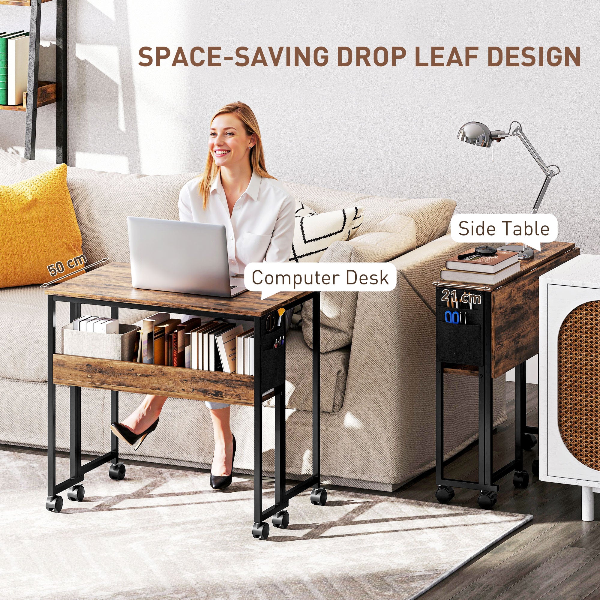 HOMCOM 80 cm Drop Leaf Writing Work Desk - Rustic Brown