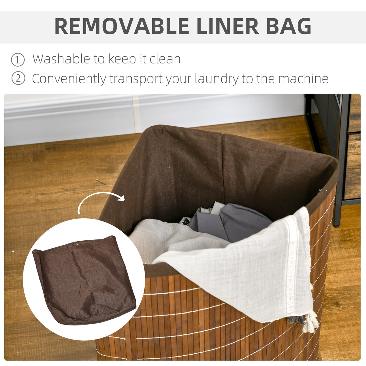 HOMCOM Bamboo Laundry Basket with Lid, 55 Litres Laundry Hamper with Removable Washable Lining, Corner Washing Baskets, 38 x 38 x 57cm, Brown