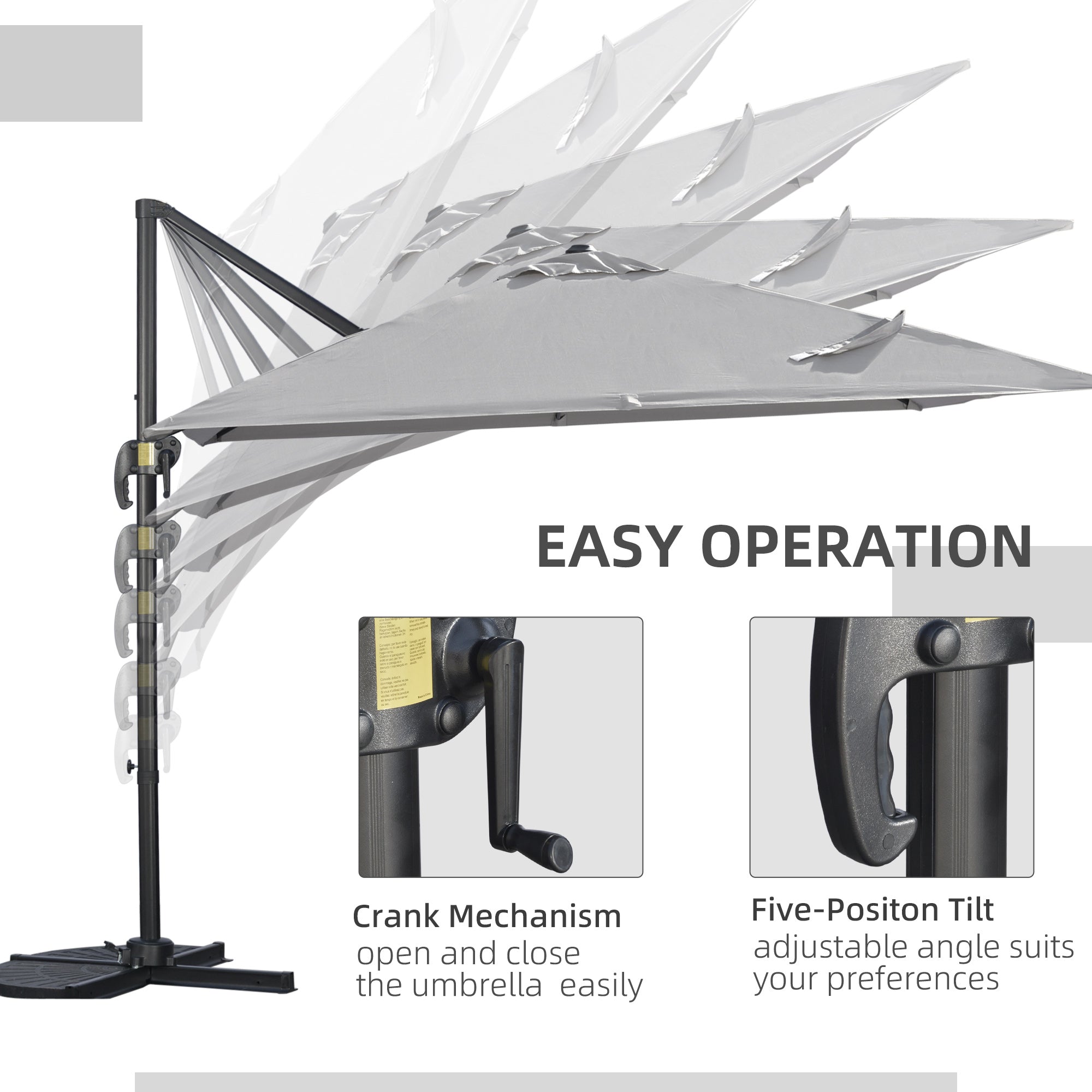 Outsunny 2.7 x 2.7 m Cantilever Parasol, Square Overhanging Umbrella with Cross Base, Crank Handle, Tilt, 360Â° Rotation and Aluminium Frame, Grey