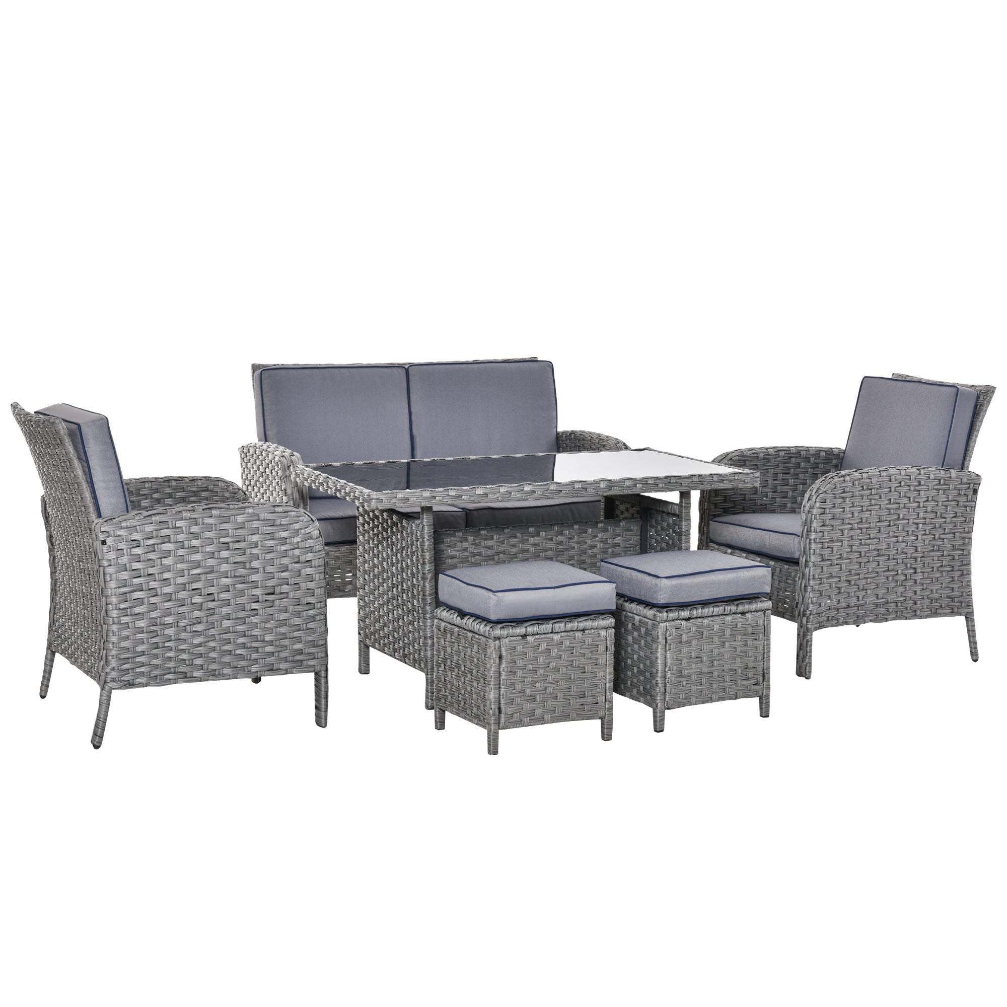 Outsunny 6 Pieces Rattan Garden Furniture Set, 6 Seater Garden Sofa Set with Glass Top Dining Table, Loveseat, 2 Armchairs and Ottomans, Wicker Outdoor Conservatory Furniture for Patio, Grey
