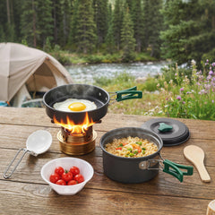 Outsunny Camping Cookware Set, 8-Piece Ultralight Camping Cooking Kit with Anti-Scald Handles, Grey