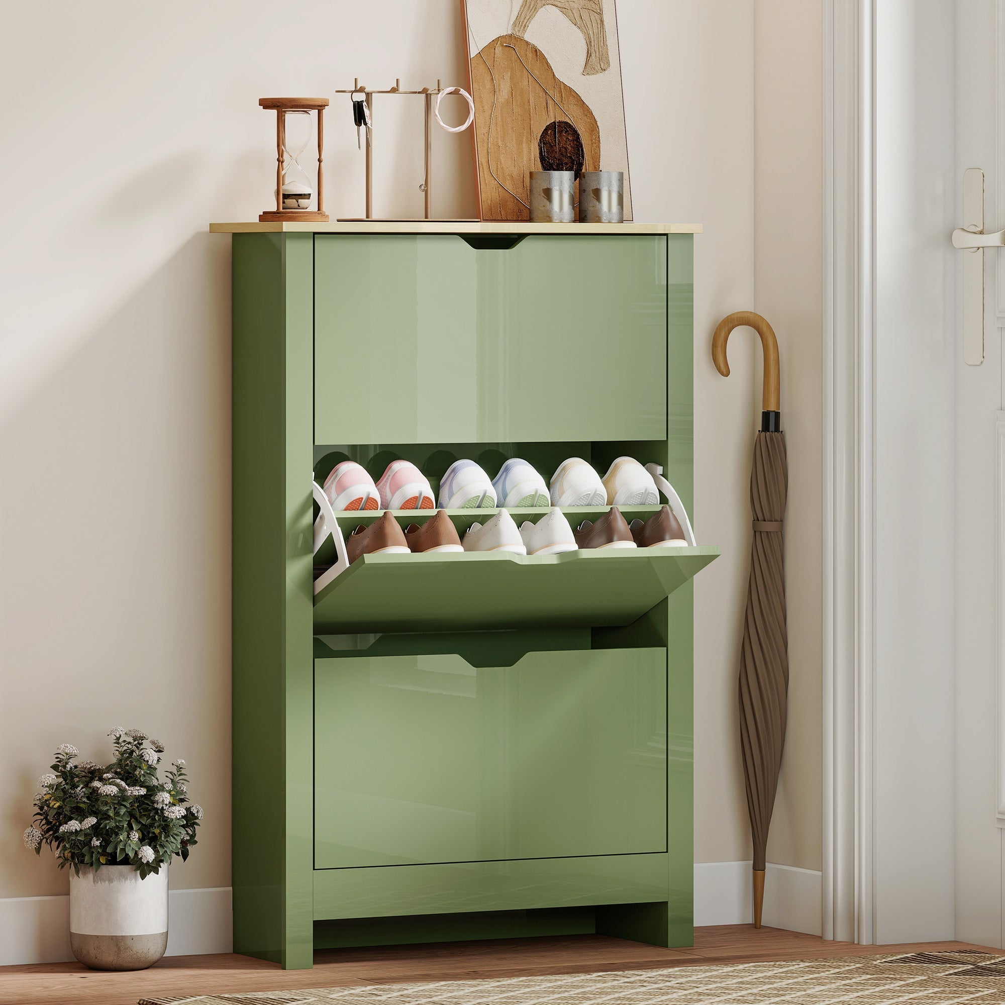 HOMCOM Slim Shoe Cabinet, Narrow Shoe Cupboard with 3 Flip Drawers, Adjustable Shelves for 18 Pairs of Shoes, High Gloss Green