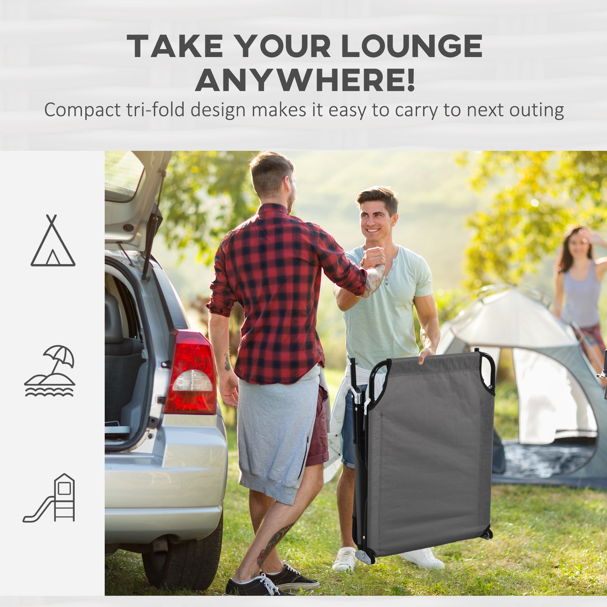 Outsunny Outdoor Folding Sun Lounger Set of 2 with Face Hole, 4 Level Adjustable Backrest Reclining Garden Lounger, Garden Recliner Sunbed with 600 D Oxford Cloth Seat and Pillow for Beach, Dark Grey