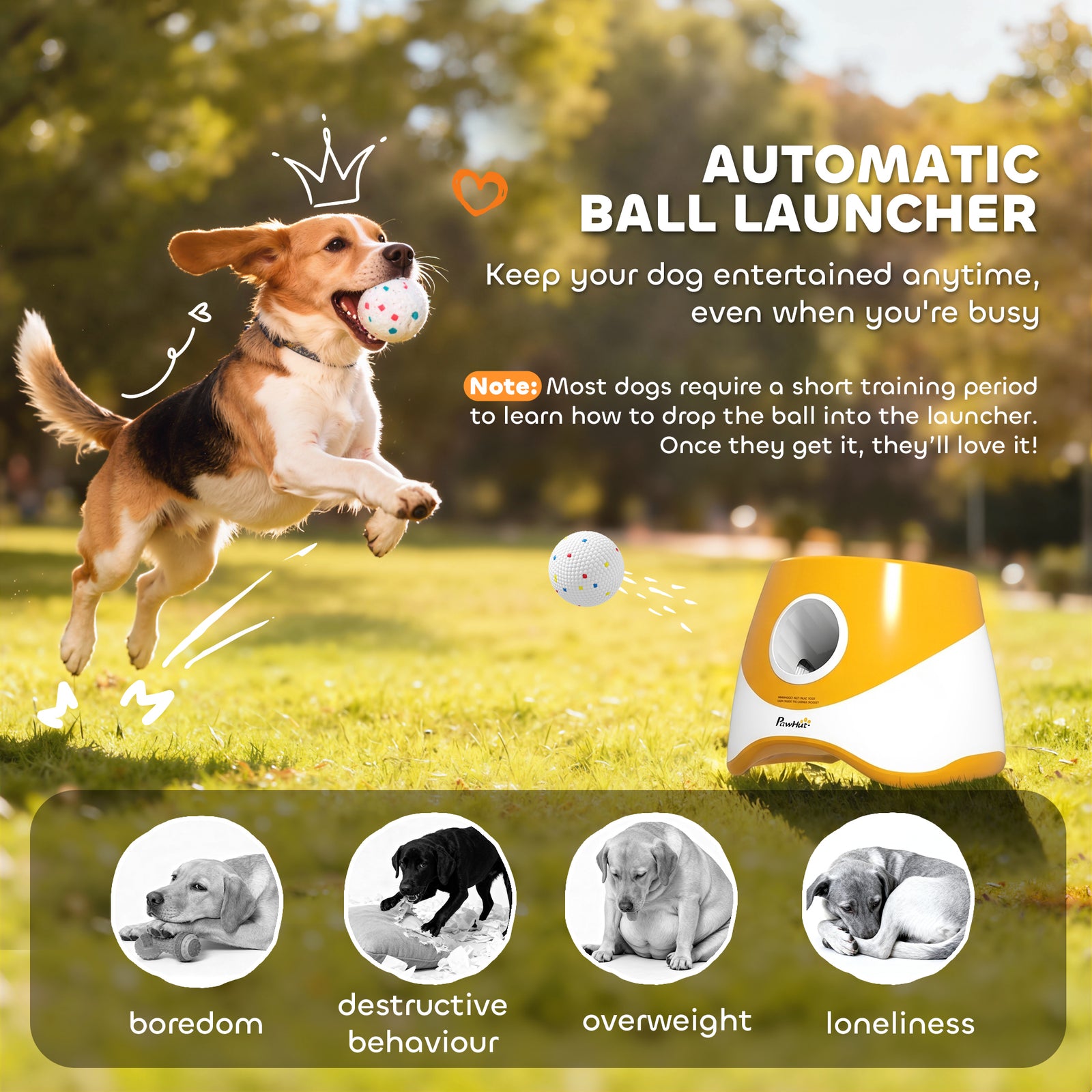 PawHut Automatic Dog Ball Launcher with 5 ETPU Balls 5.8 cm, 3 Distance Settings 6/10/14 m, Orange