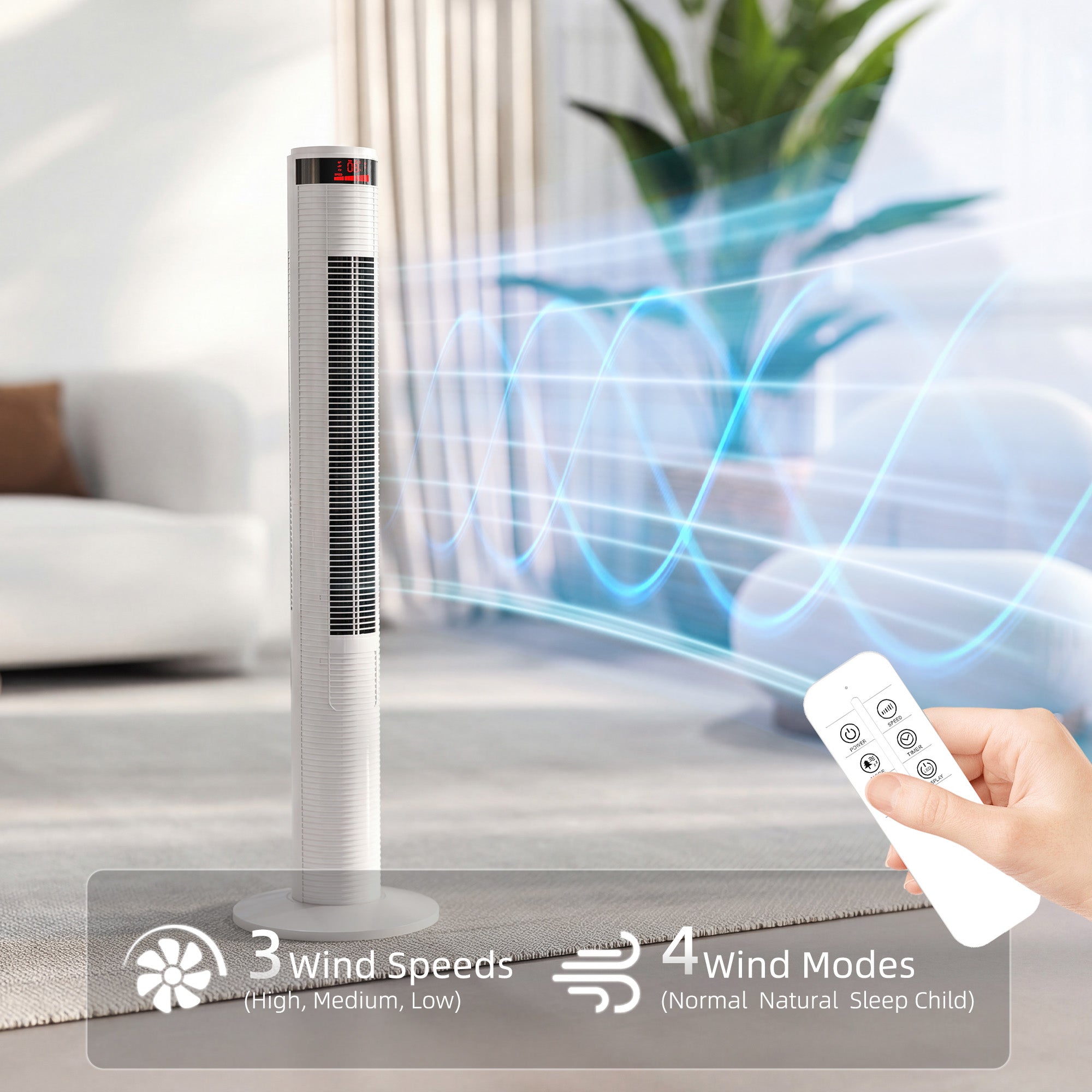 HOMCOM Oscillating Tower Fan Remote Control 3 Speed Modes Cooling Machine White