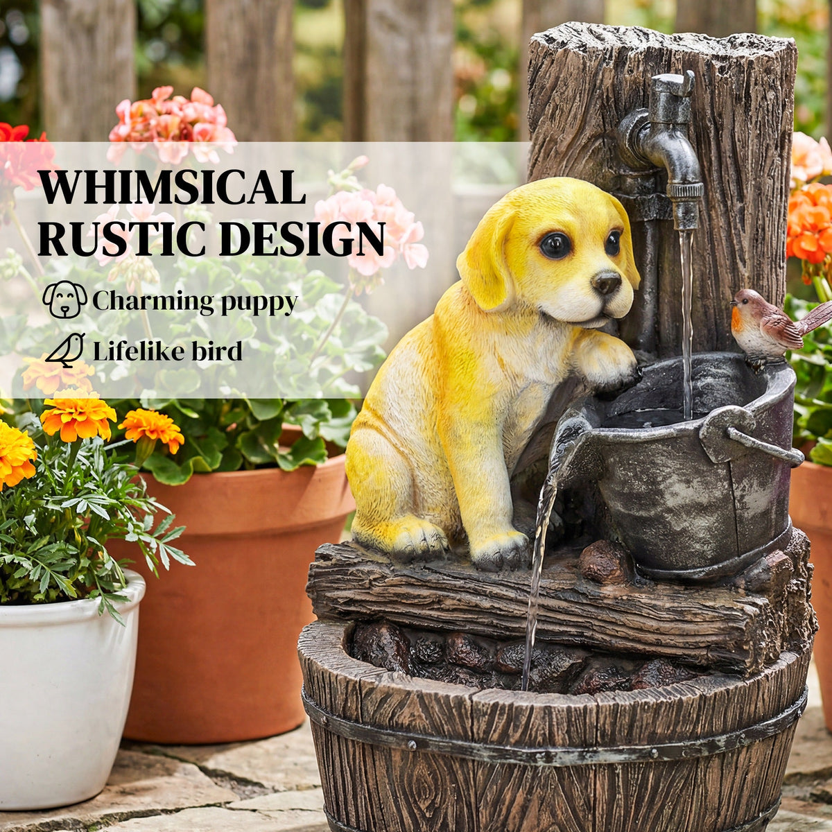 Outsunny Garden Water Feature with 3-Tier Rustic Puppy Design, Freestanding Resin with LED Lights, Adjustable Flow, Rustic Brown