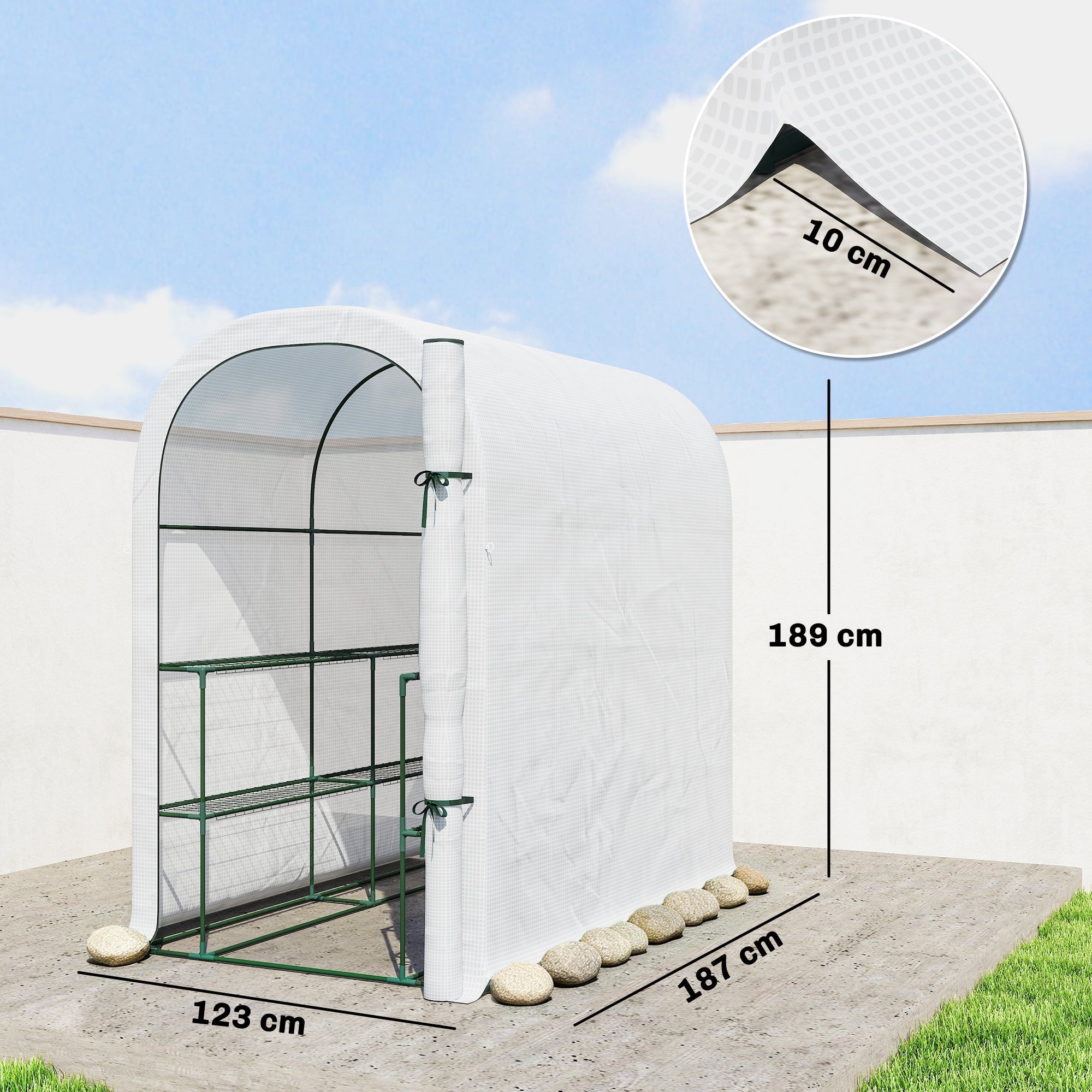 Outsunny Walk-in Greenhouse with Shelves, Small Greenhouse with PE Cover and Roll-up Door, 123 x 187 x 189 cm, White