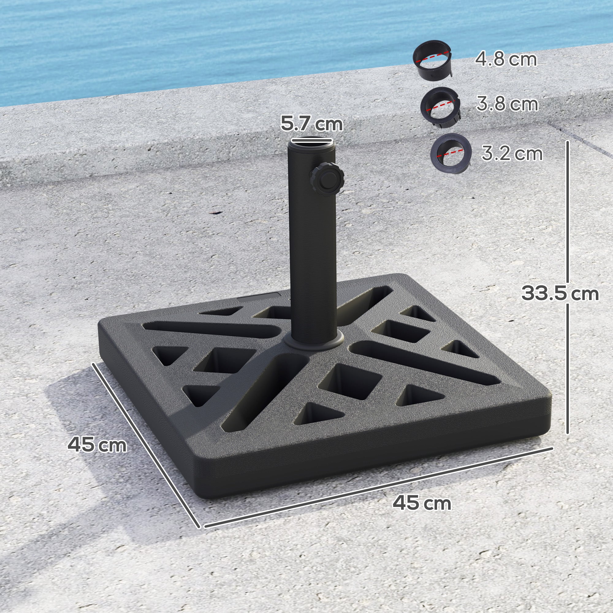Outsunny Garden Parasol Base, 15kg HDPE Outdoor Umbrella Stand Parasol Stand with Cut-Out Design, Sun Umbrella Base for 32, 38, 48 mm Poles, Black