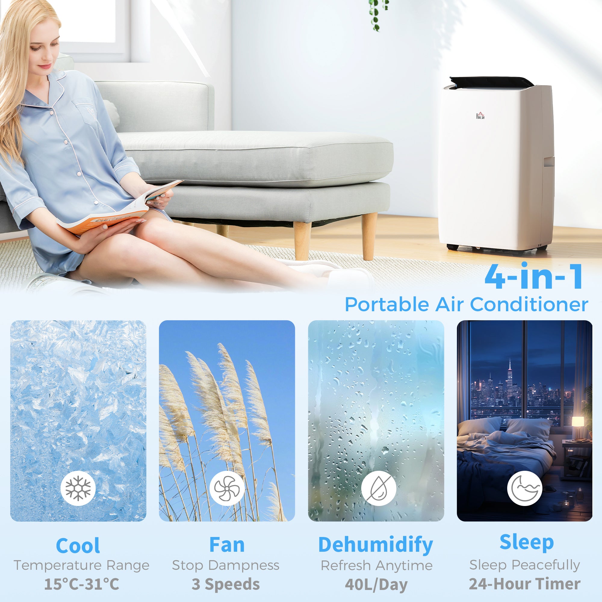 HOMCOM Portable Air Conditioner 14000 BTU, 4-in-1 Air Conditioning Unit, Dehumidifier, Cooling, Fan, Sleep Mode with 3 Speeds, Remote Control, LED Display, 24H Timer, Window Kit, Children Lock, 40m√Ç¬≤