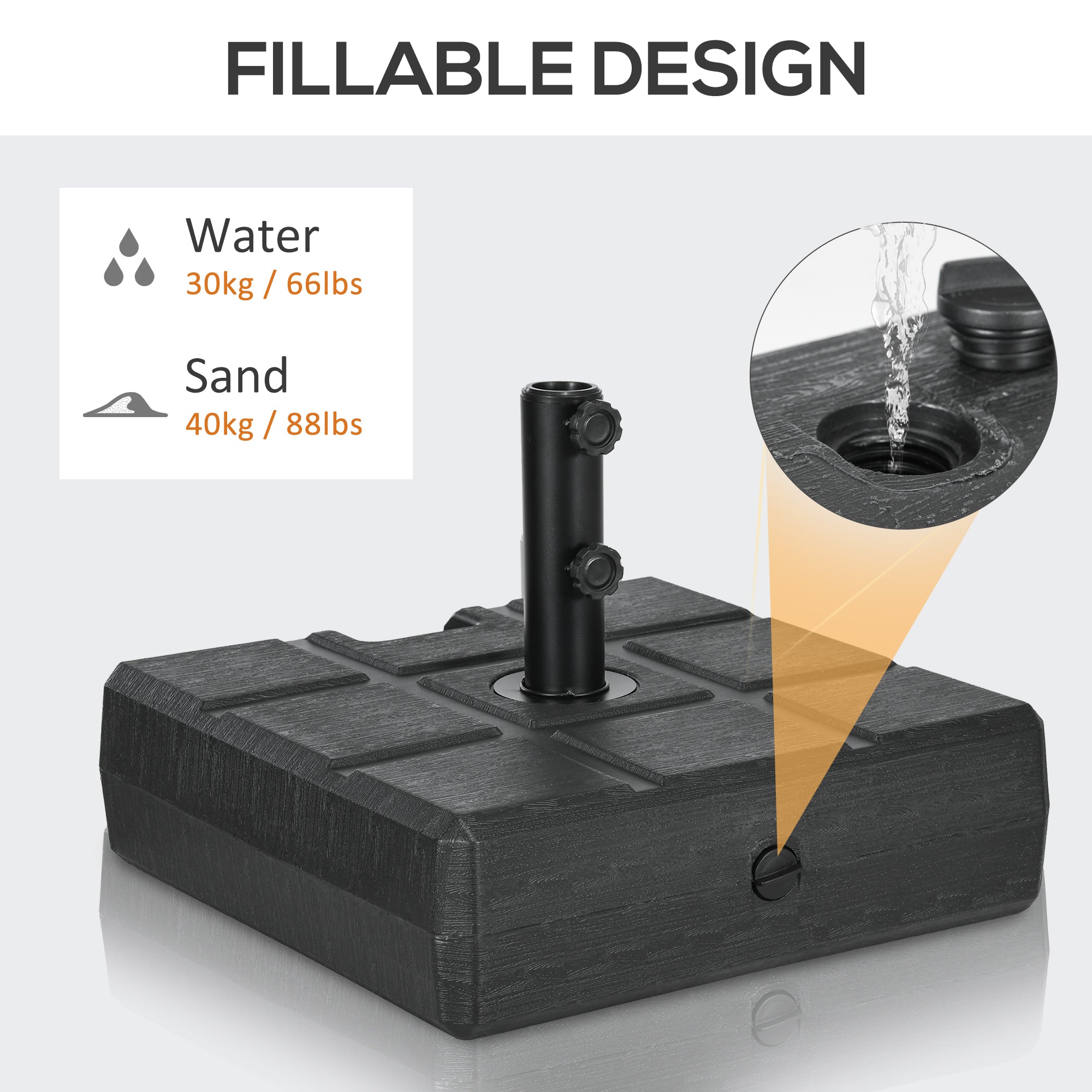 Outsunny 40kg Square Umbrella Parasol Base with Wood Effect, Plastic Umbrella Stand for Outdoor Patio Umbrella, Black