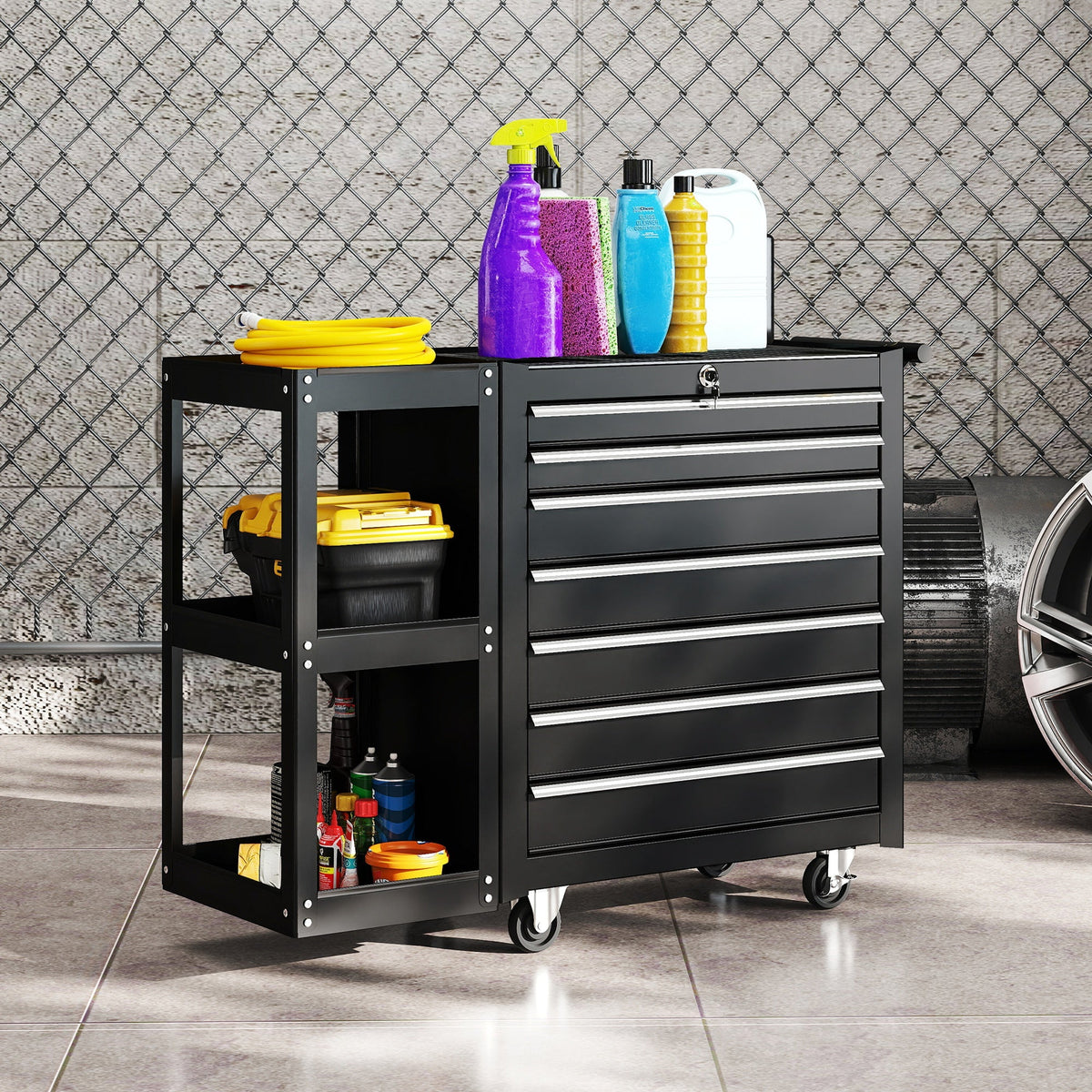 HOMCOM Lockable Steel Tool Chest on Wheels, 7 Drawer Tool Box with Handle for Workshop, Garage, Black - product image 2