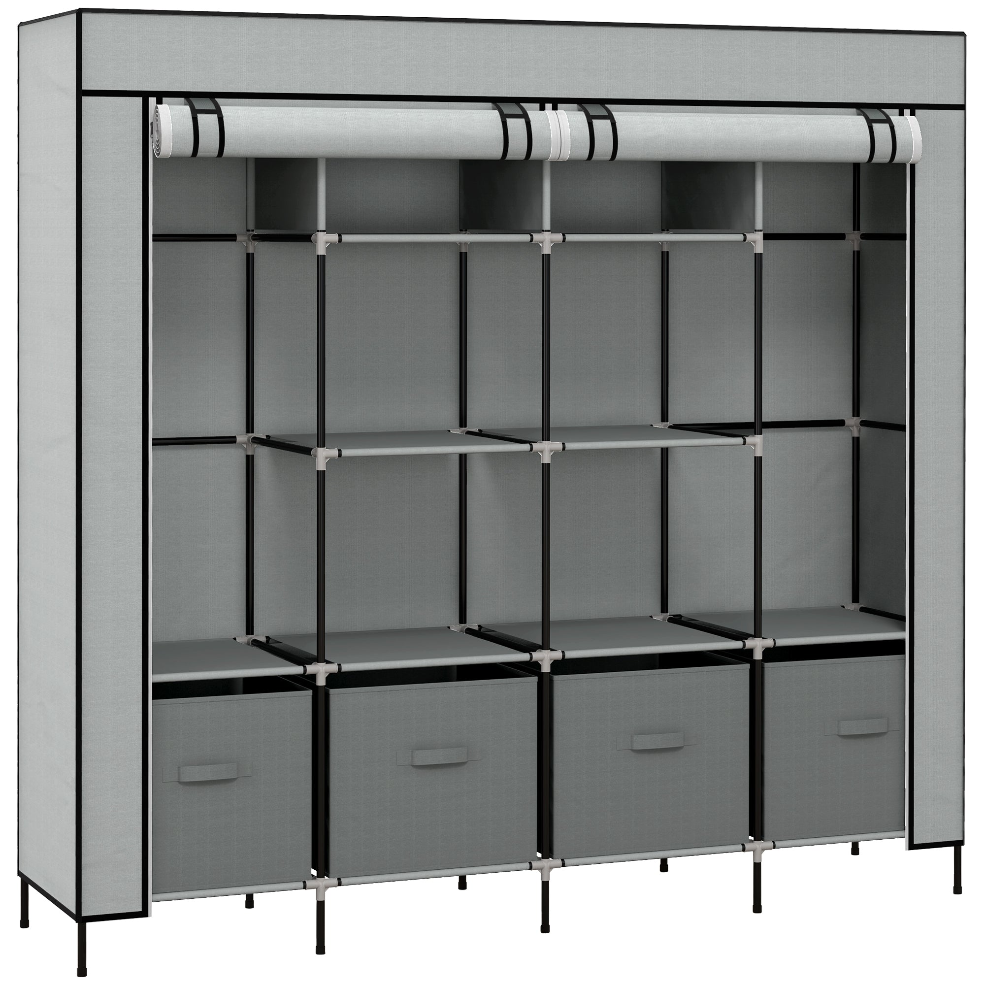 HOMCOM Fabric Wardrobe for Bedroom, Portable Cloth Wardrobe with 10 Compartments, 2 Hanging Rails and 4 Fabric Drawers, 166 x 42.5 x 169.5cm, Dark Grey