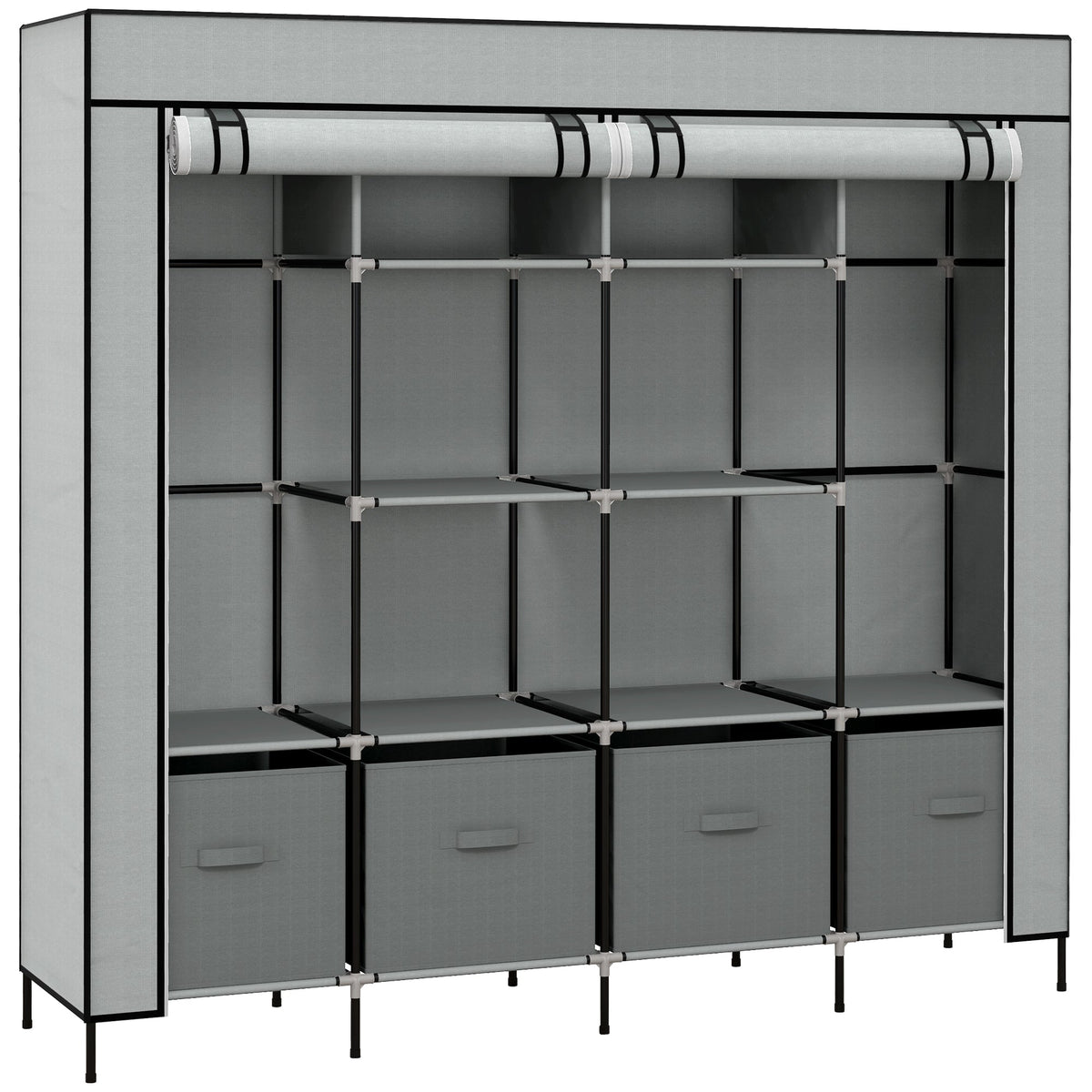 HOMCOM Fabric Wardrobe for Bedroom, Portable Cloth Wardrobe with 10 Compartments, 2 Hanging Rails and 4 Fabric Drawers, 166 x 42.5 x 169.5cm, Dark Grey