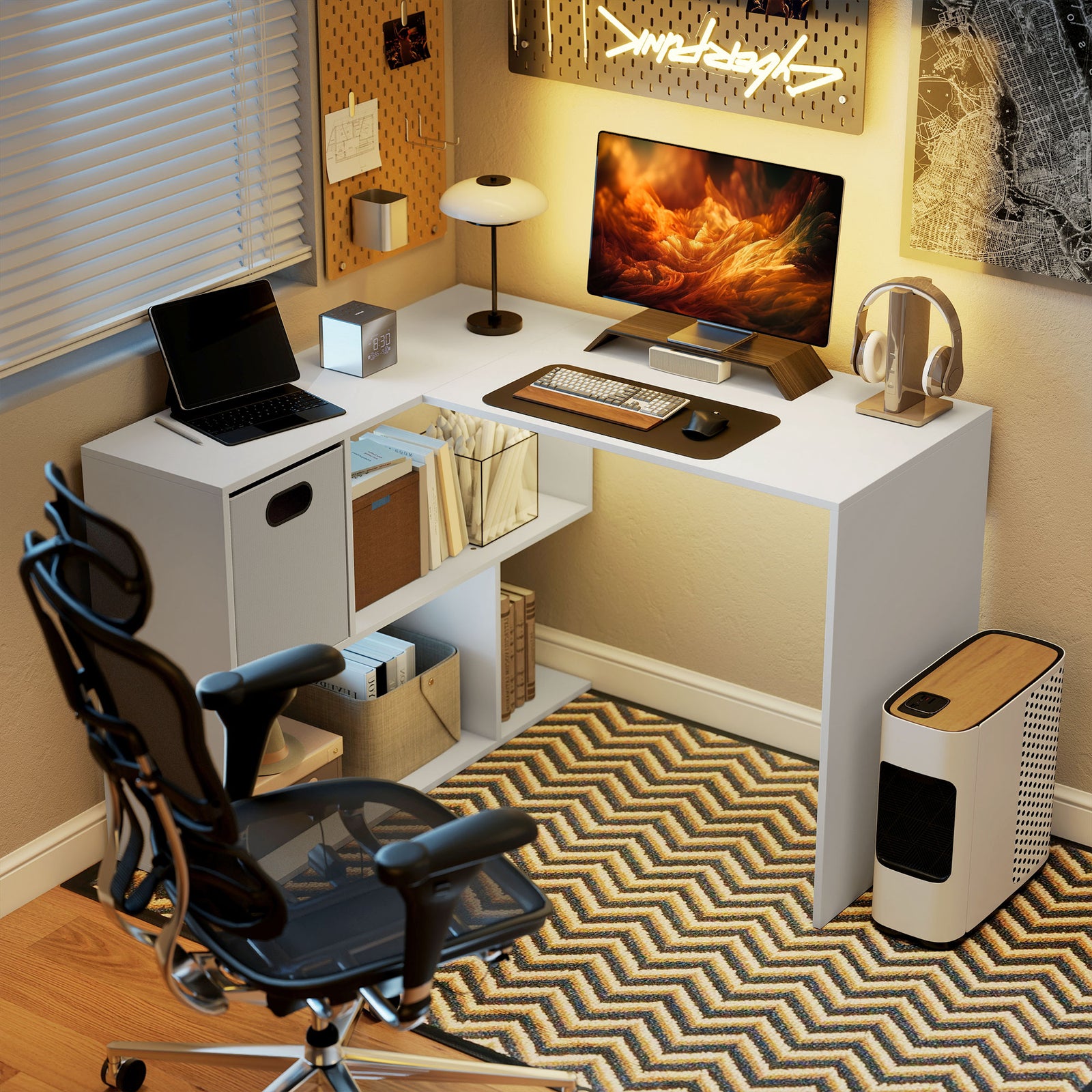 HOMCOM L Shaped Computer Desk, 110 x 100cm Reversible Corner Desk with Fabric Drawer and Storage Shelves, White