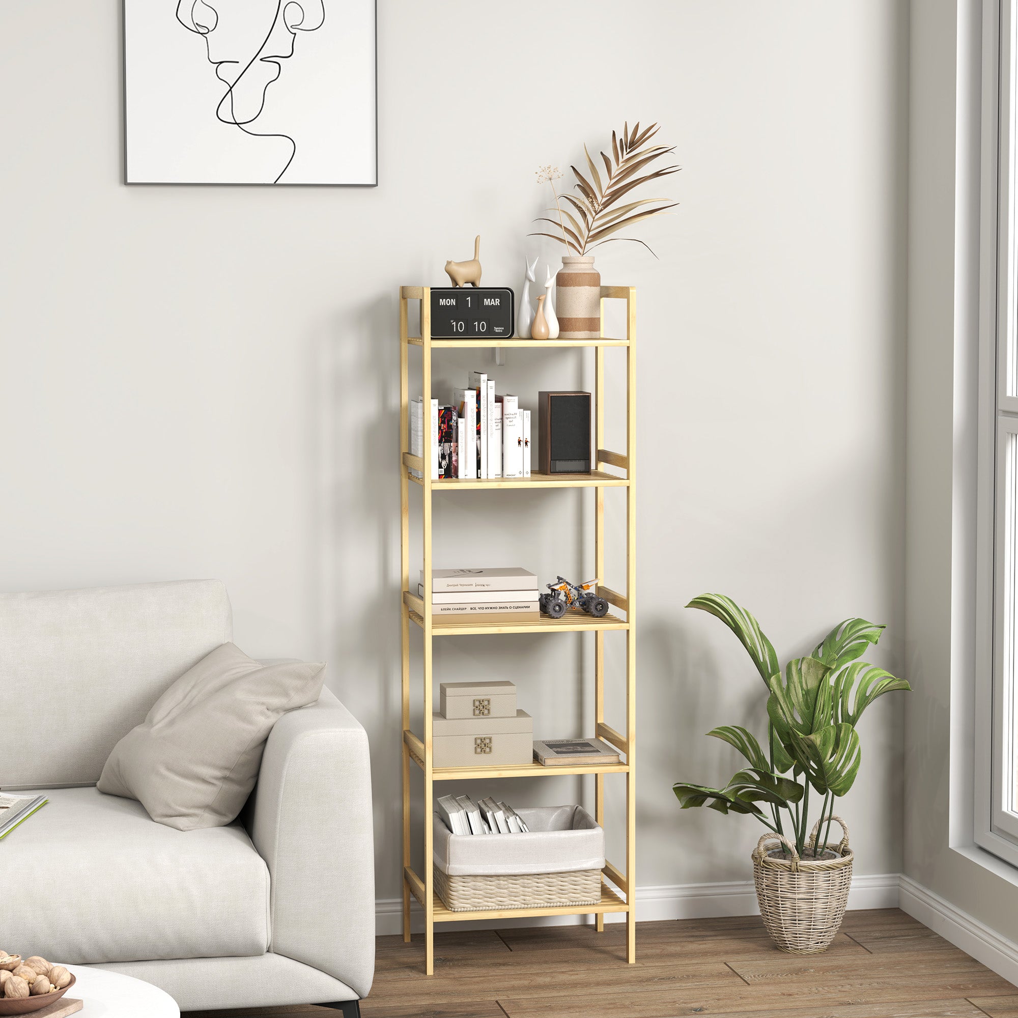 HOMCOM 5-Tier Bamboo Bathroom Storage Shelf, Freestanding Shelving Unit with Adjustable Rack for Kitchen Bathroom Living Room, Natural Wood Finish