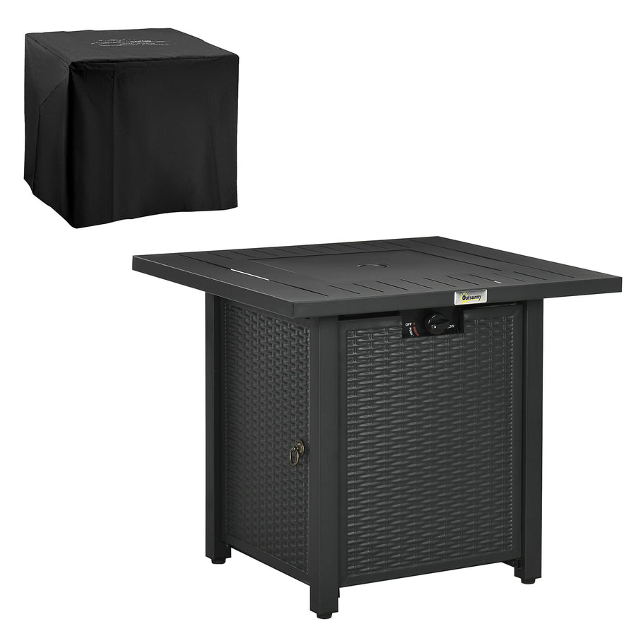 Outsunny Rattan-style Propane Gas Fire Pit Table with 40,000 BTU Burner, Square Smokeless Firepit Patio Heater with Thermocouple, Lava Rocks, Waterproof Cover, Spark Guard and Lid, Black